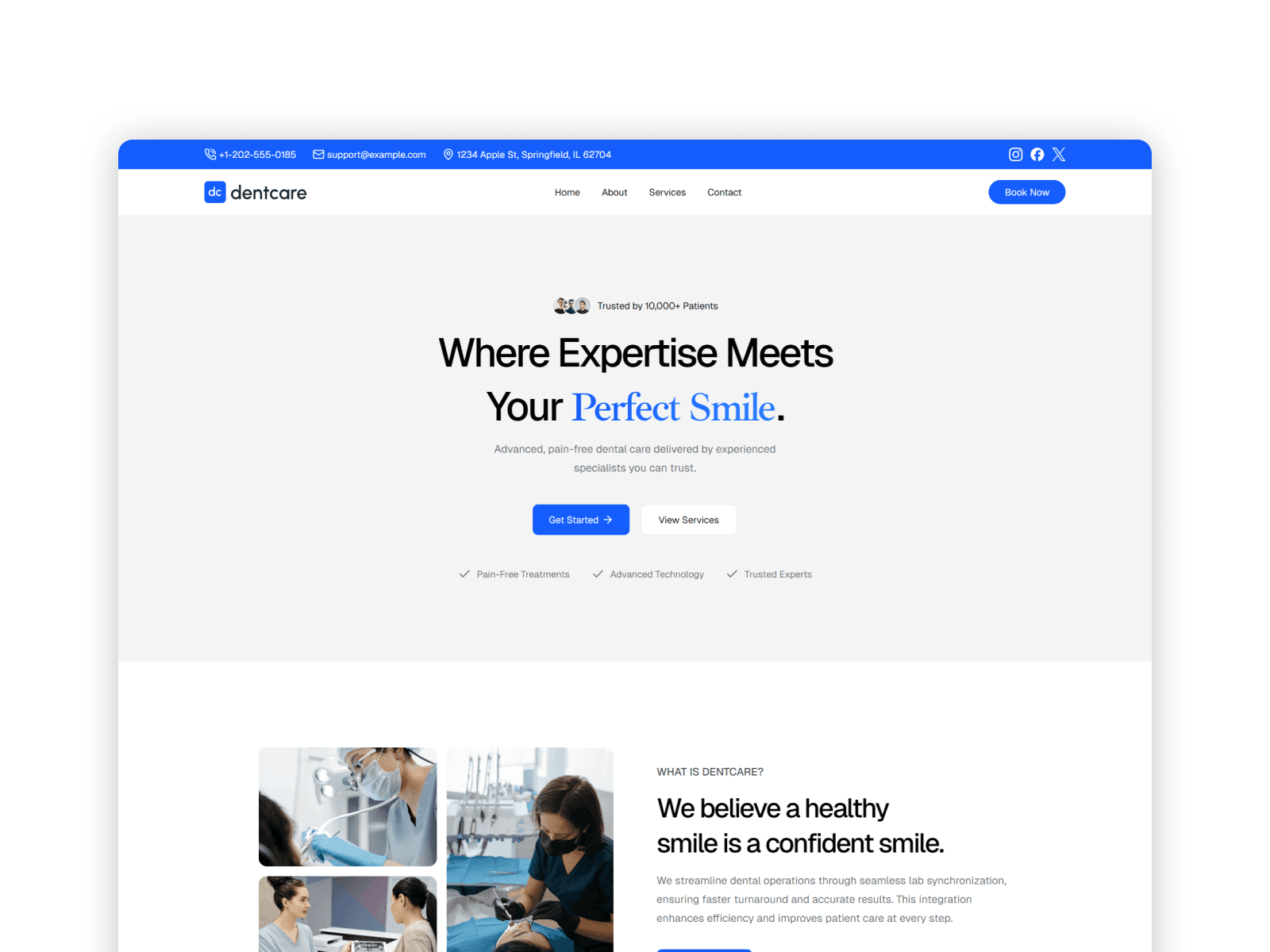 Hero section with gradient background trusted patients badge and primary CTA