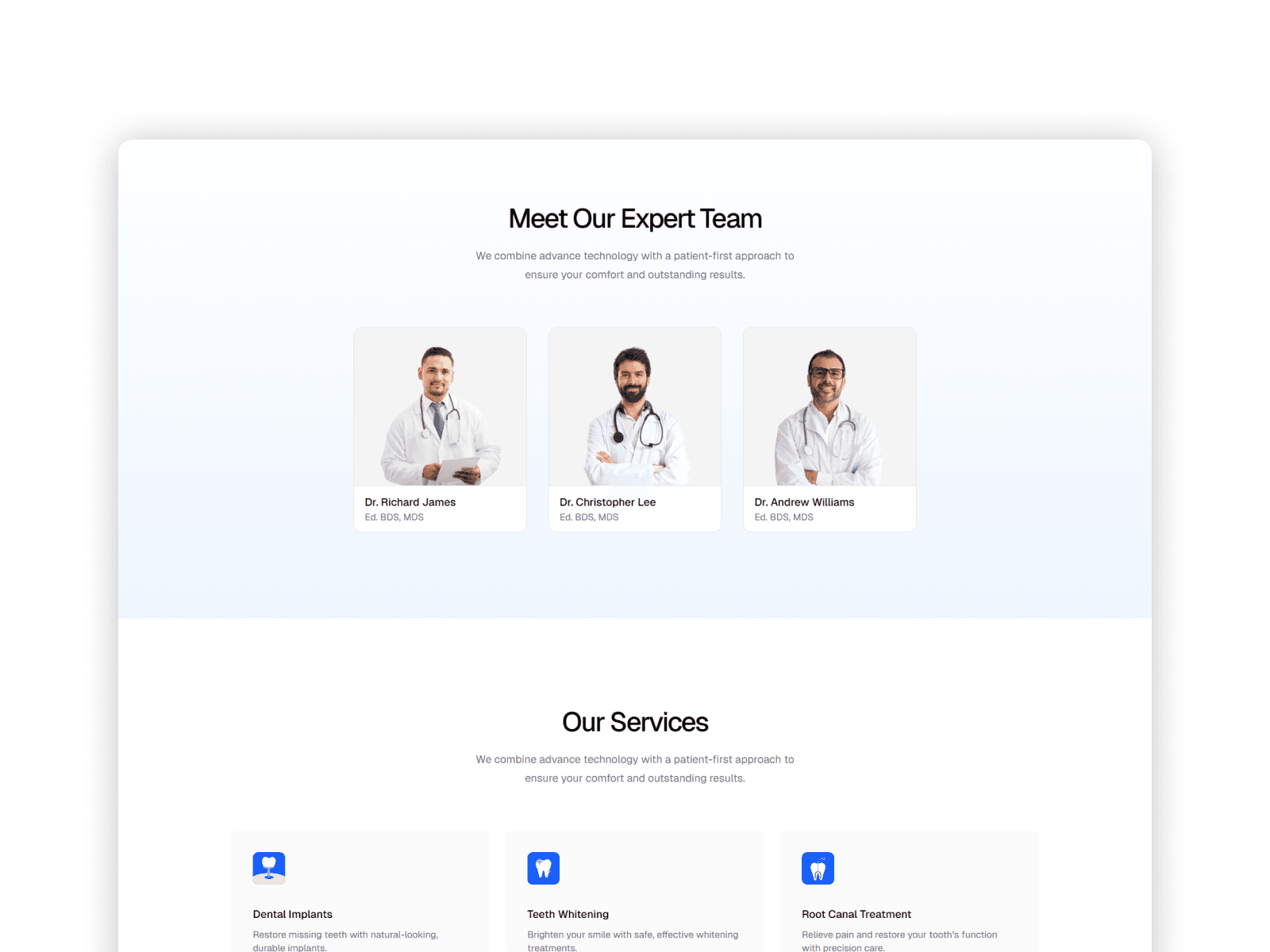 Meet our expert team section with doctor profiles