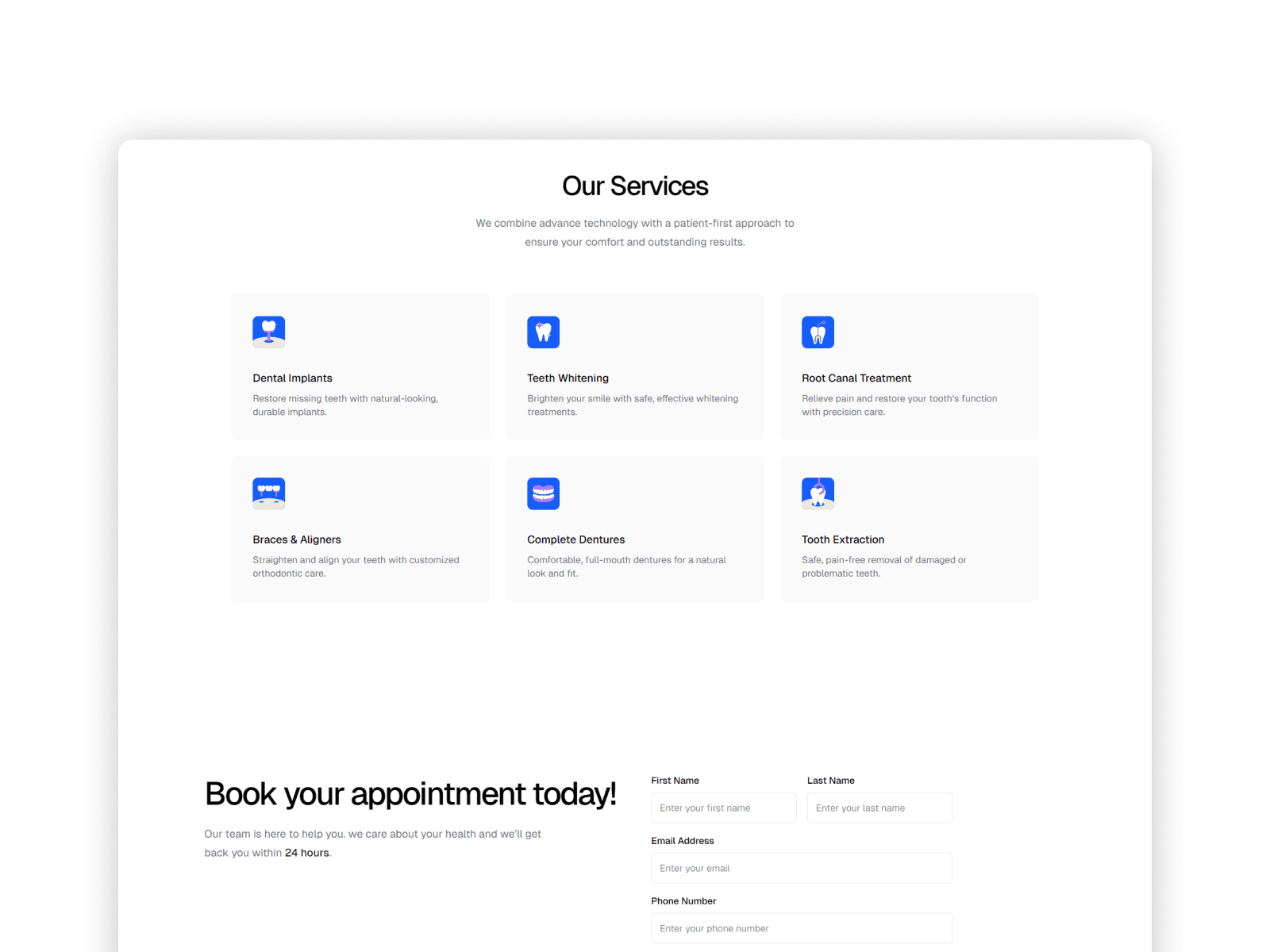 Dental services section with interactive icons and hover effects