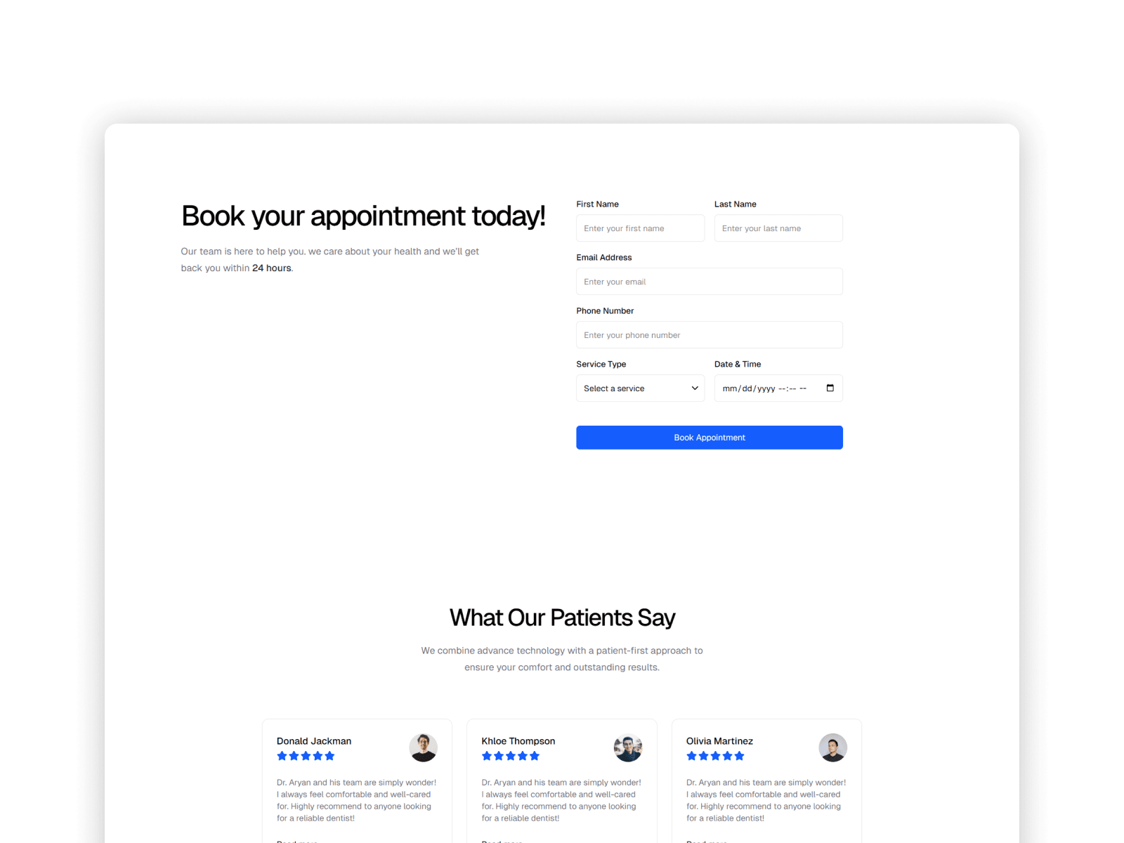 Appointment booking form and testimonials section