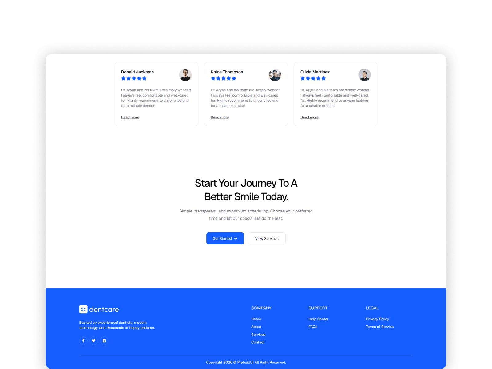 Blue themed footer with social links