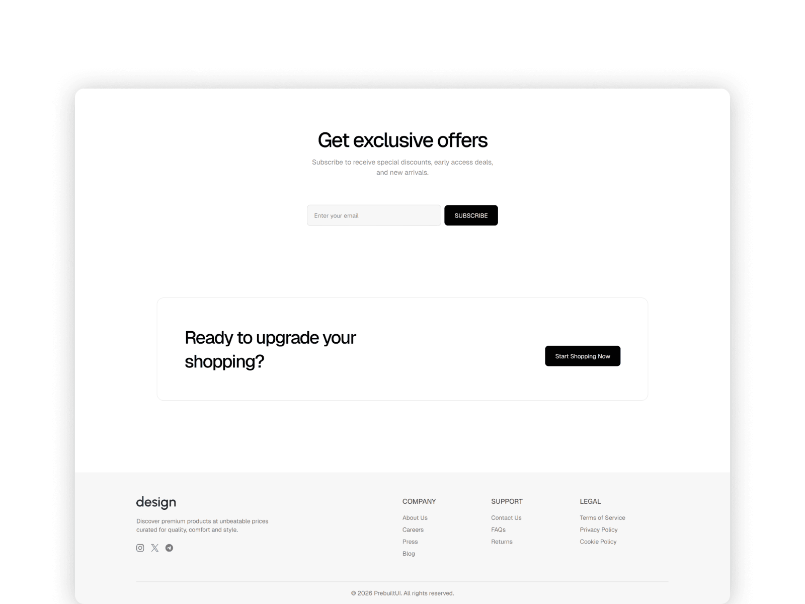 Footer with newsletter subscription and clean navigation links