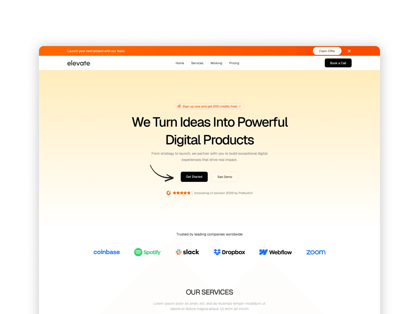 Agency hero section with gradient background, smooth framer motion animation and primary CTA