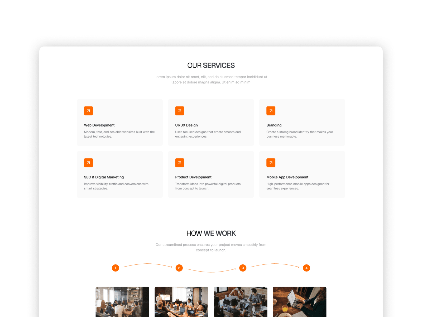 Trusted companies section with logo grid & Services section with interactive cards