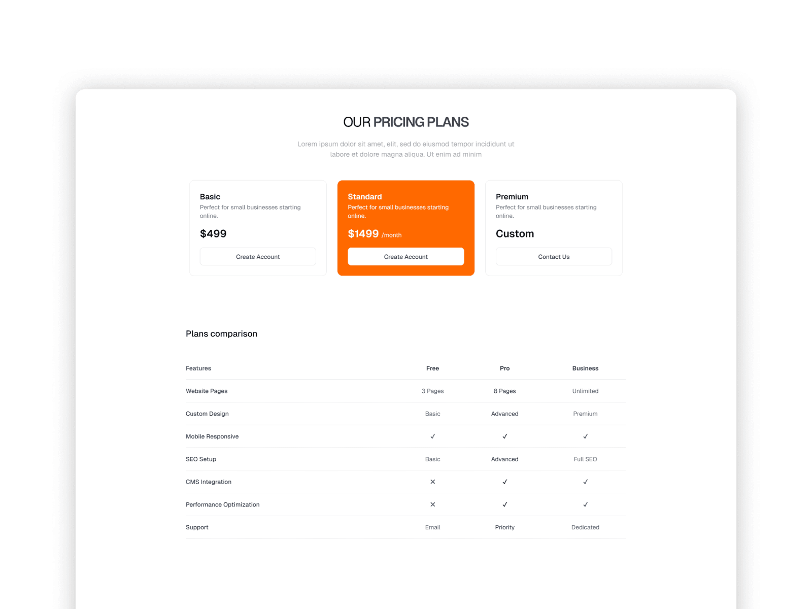 Pricing table and testimonial section with modern UI