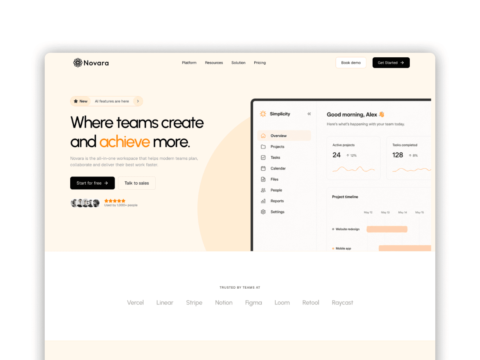 Novara hero section with animated typography and primary CTA