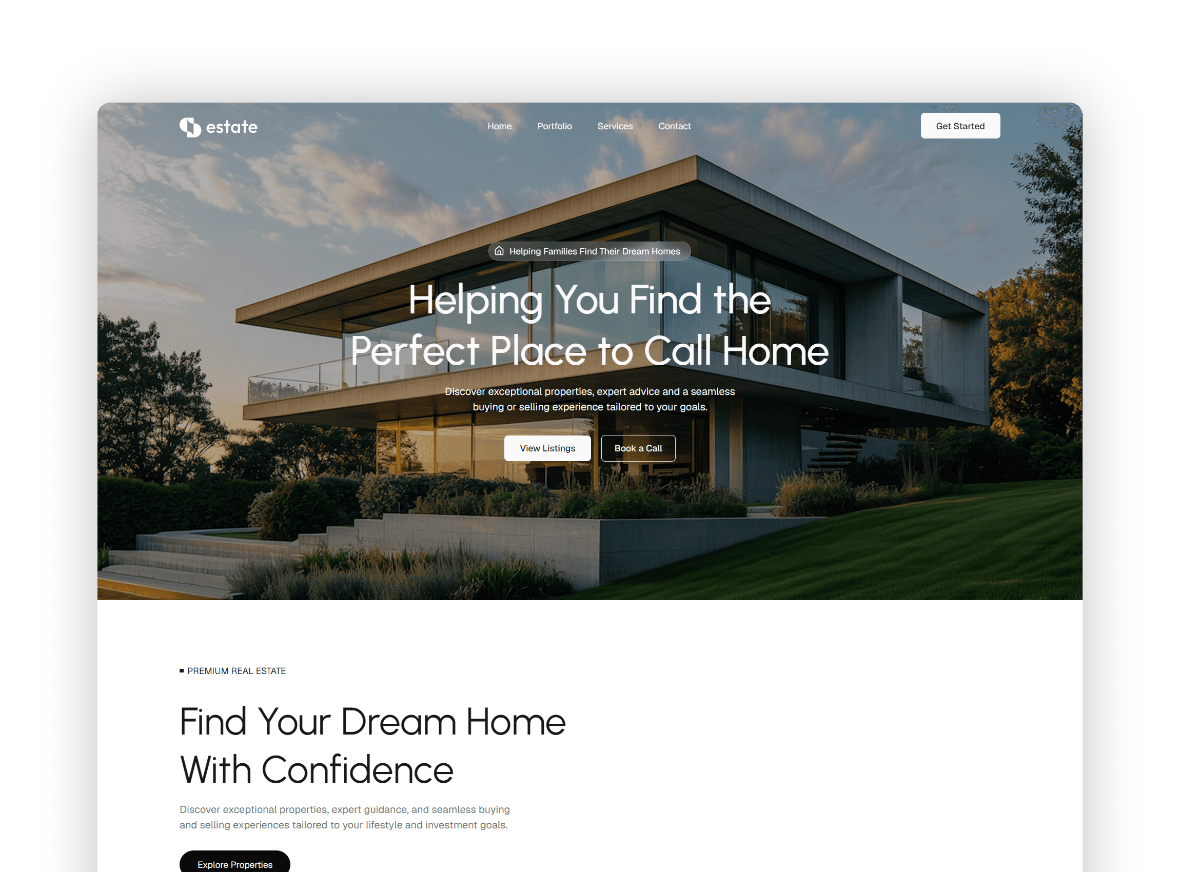 Hero section displaying a luxury residential property background with prominent call to action buttons and subheadings