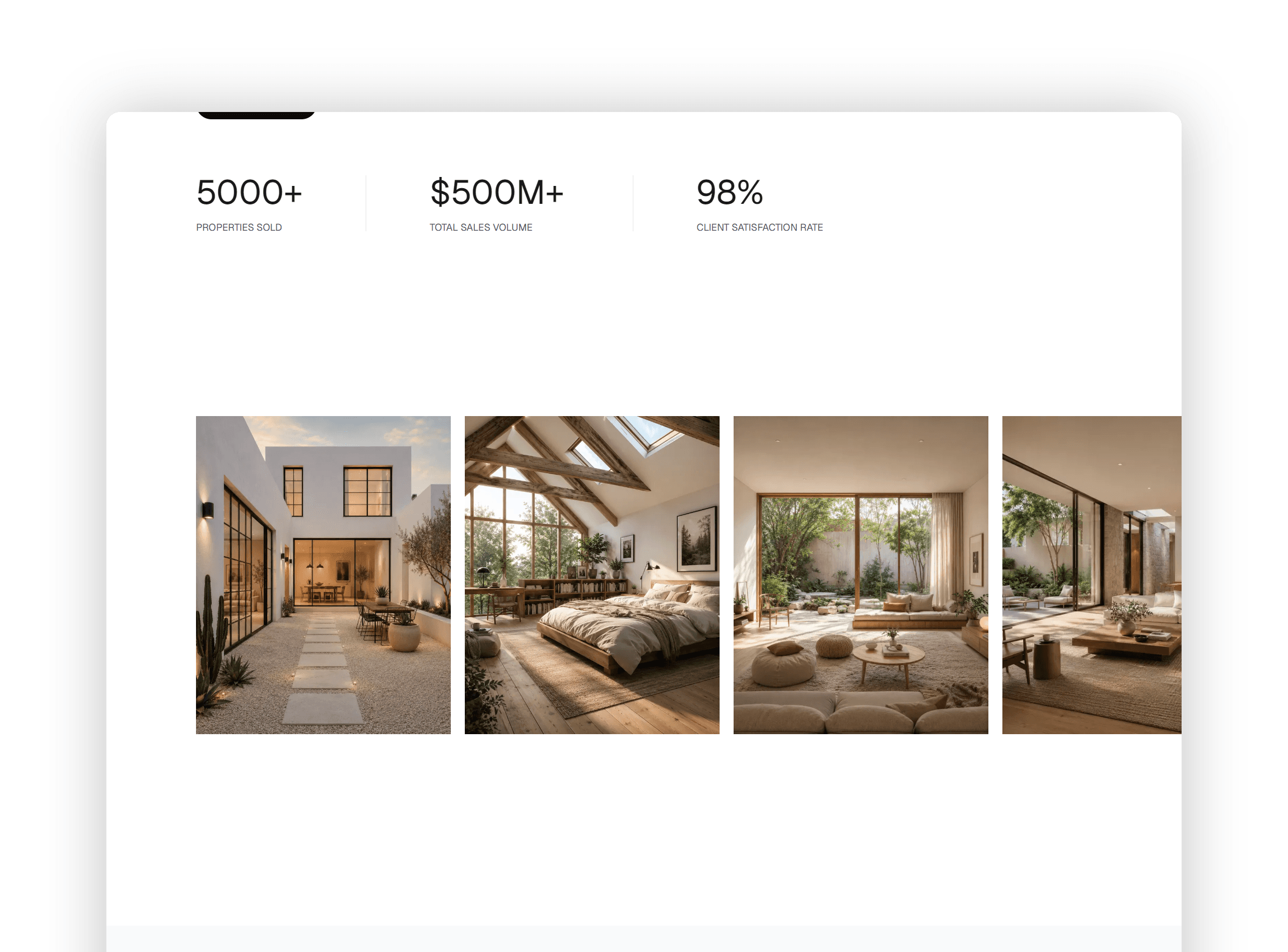 Real estate agency statistics section showcasing properties sold, sales volume and client satisfaction percentages