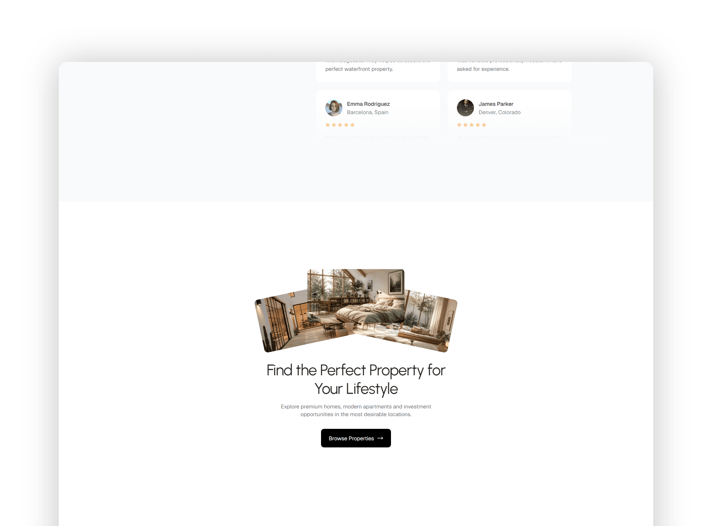Features section with an interactive accordion detailing listing verification, market analysis and custom mortgage support