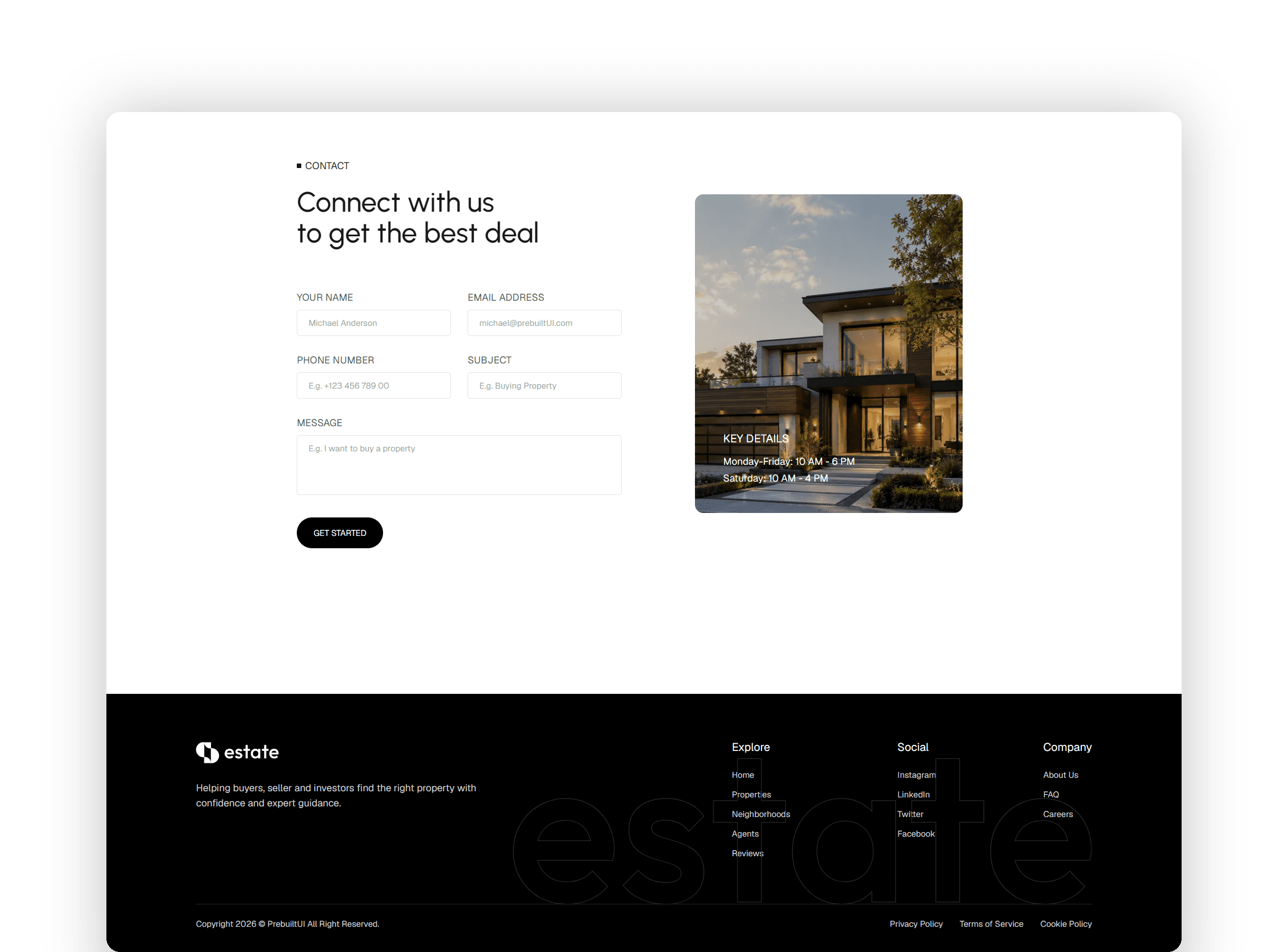 Contact section displaying a inquiry submission form alongside an image showcasing agency operation hours