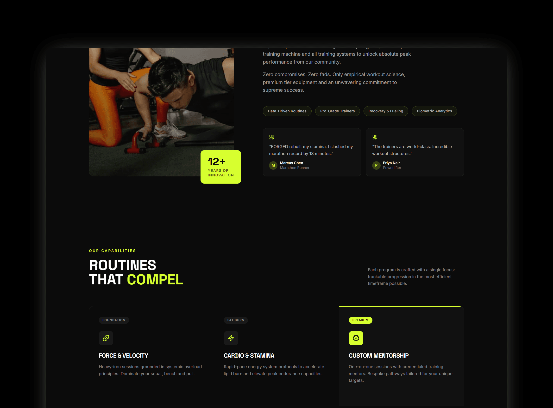 About section with premium training facility image and core brand messaging
