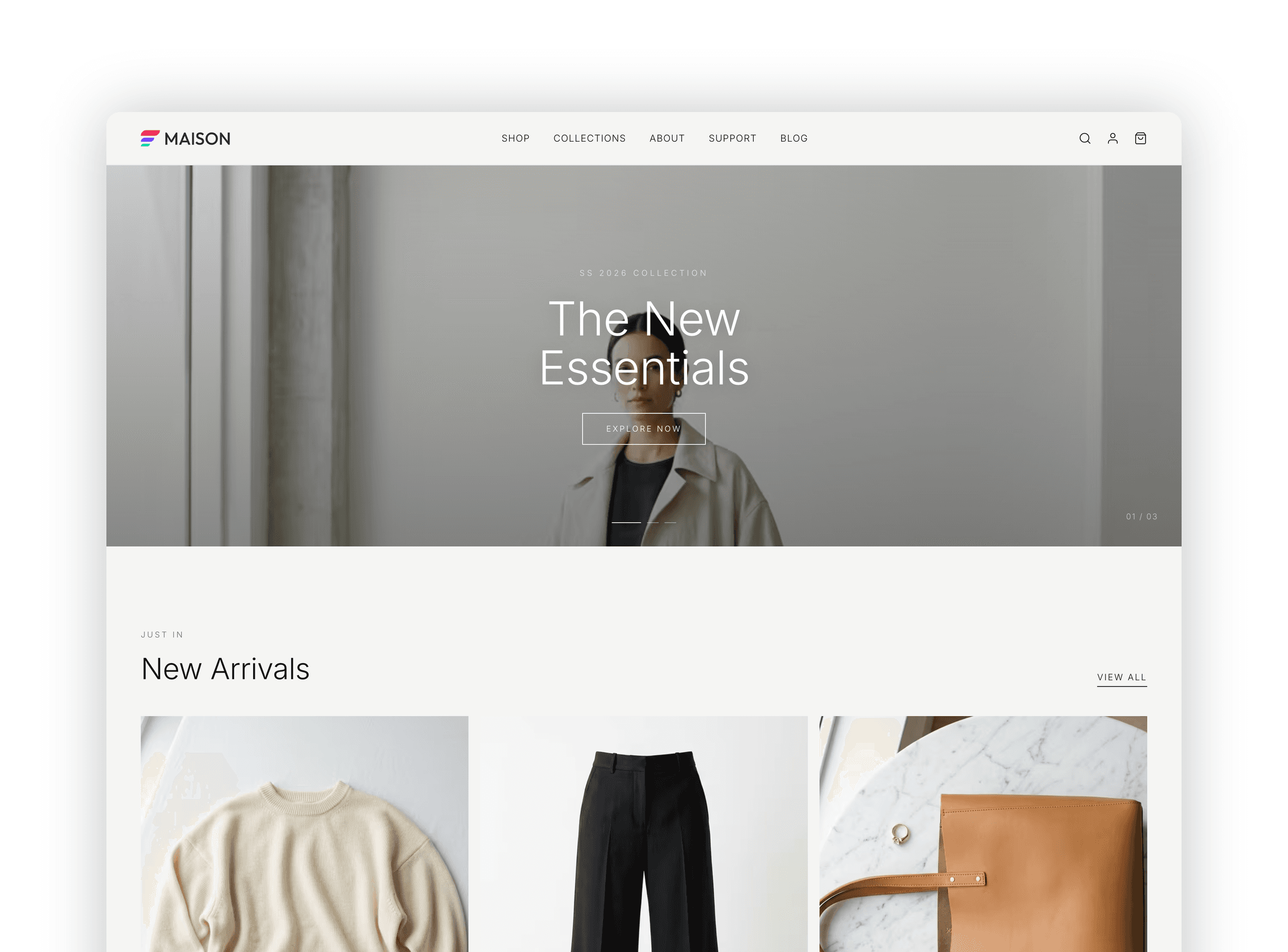 Homepage with large hero slider showing fashion editorial banner, new arrivals grid and collections list