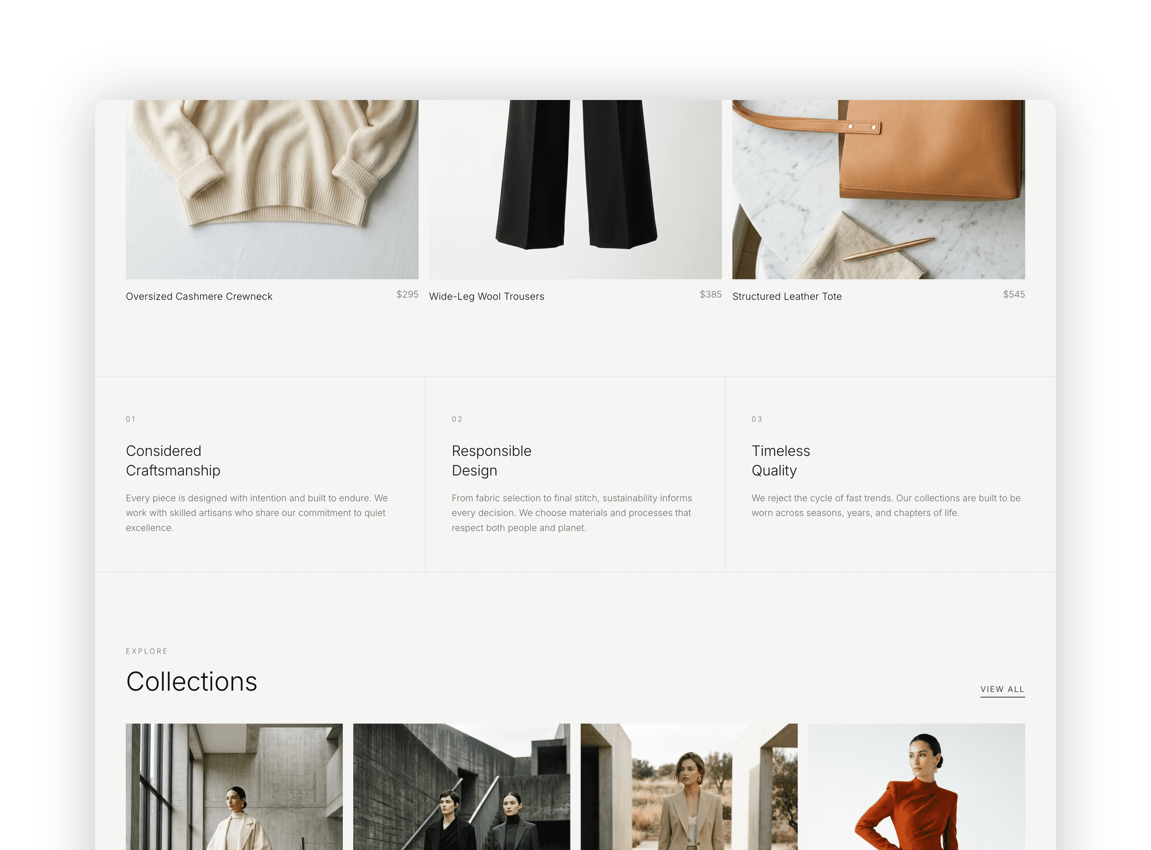 Collections catalog page showcasing curated collections with image cards and descriptive text in a minimalist grid layout