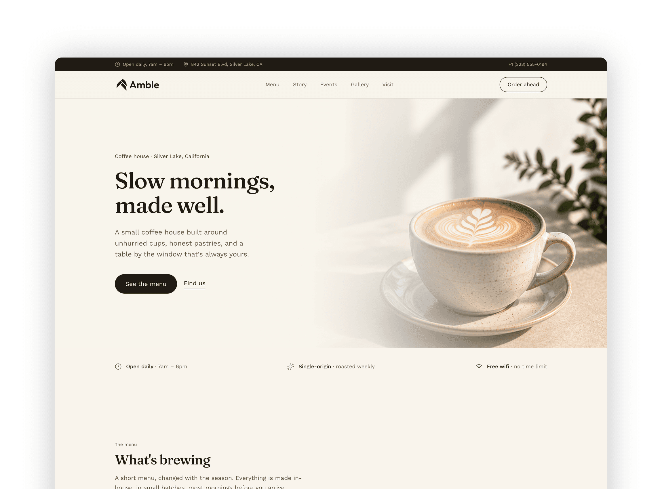 Hero section with slow mornings heading, call to action buttons and warm background image