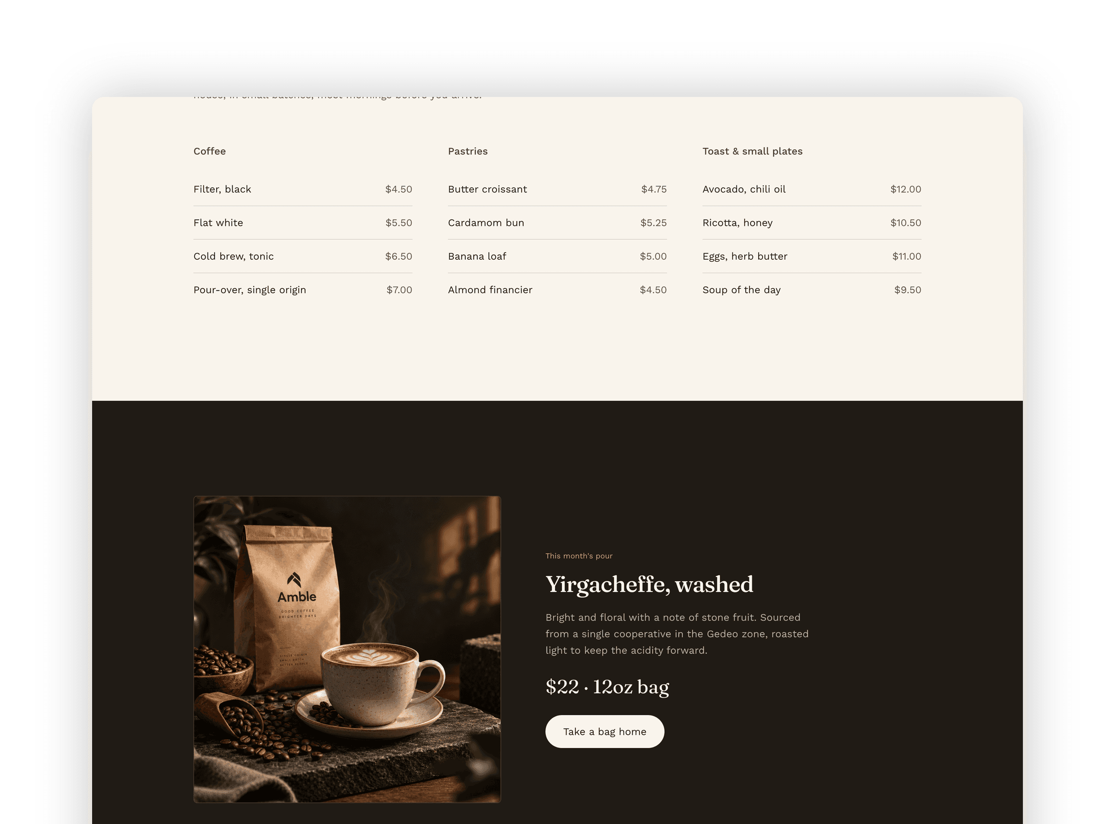 Curated cafe menu grid displaying specialty coffee drinks, artisan pastries and breakfast dishes