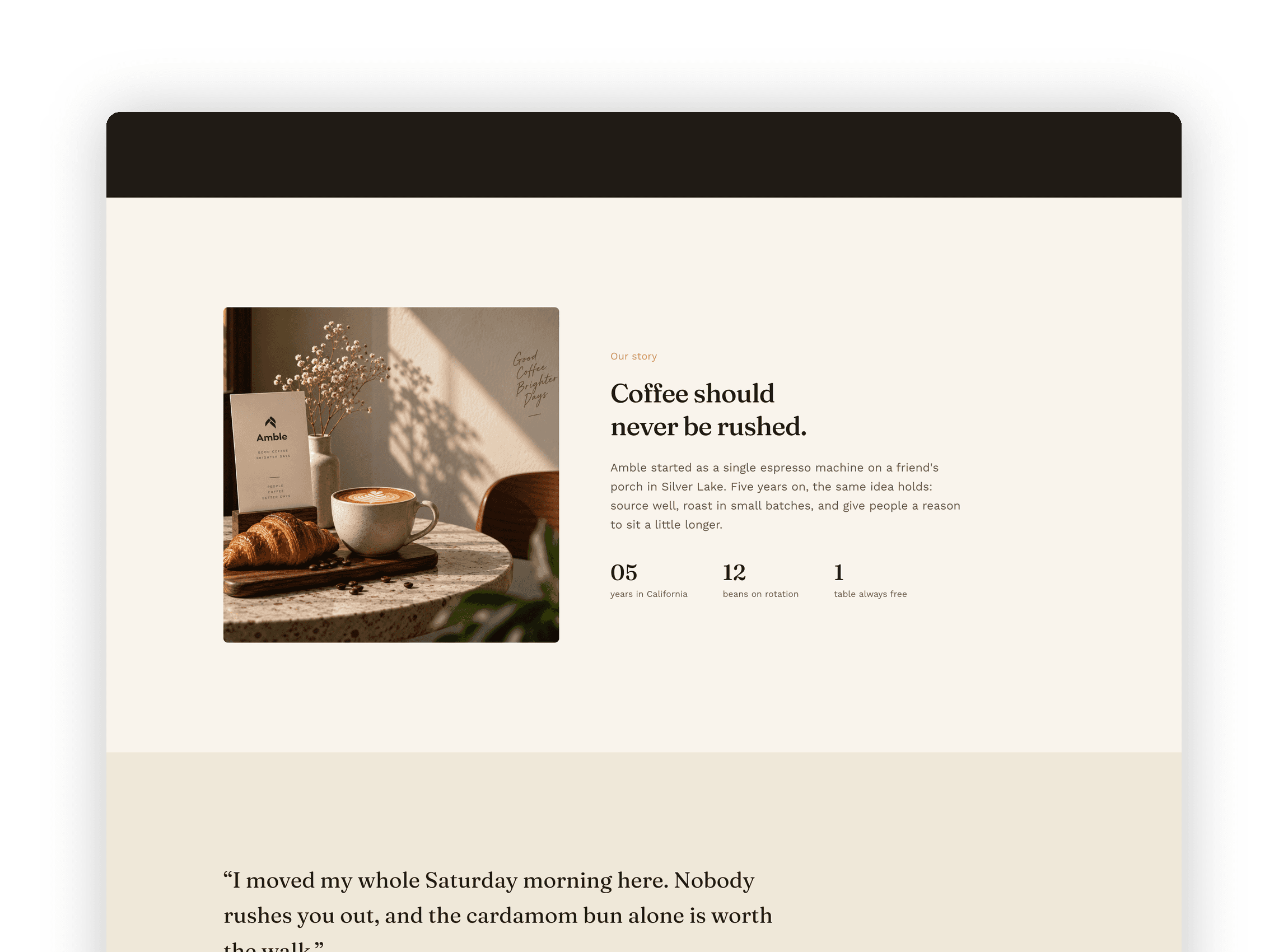 Dark contrast monthly spotlight card presenting single-origin beans with pricing and order button