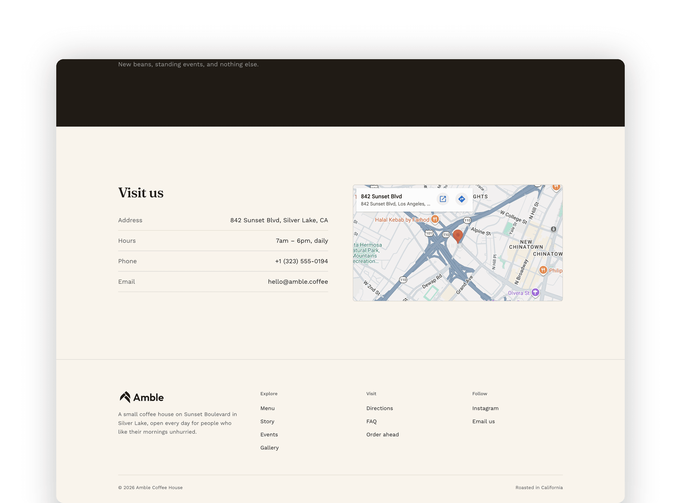 Visit section featuring business contact details, operating hours and interactive Google Maps embed