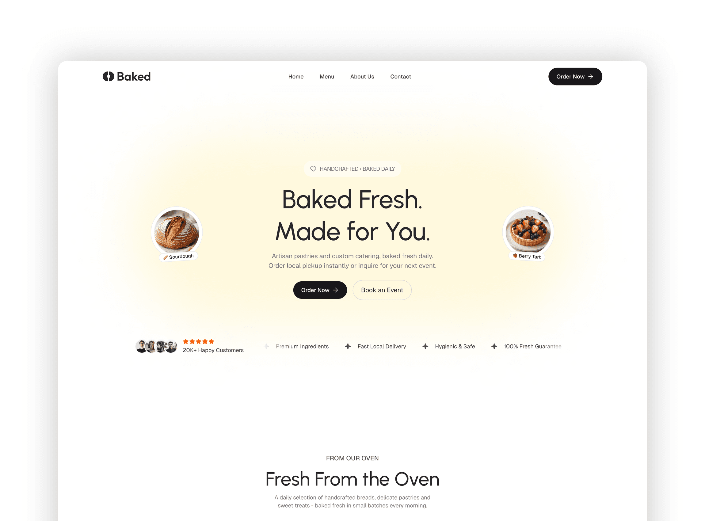 Hero section with floating product badges, call to action buttons and customer ratings