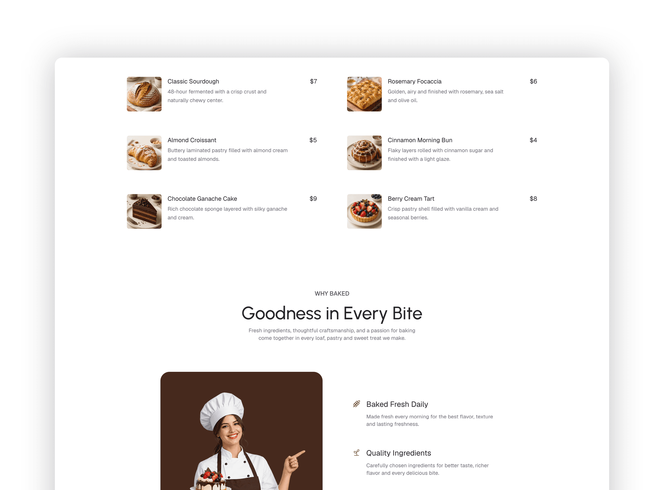 Artisan bakery menu grid displaying fresh breads, pastries and pricing details