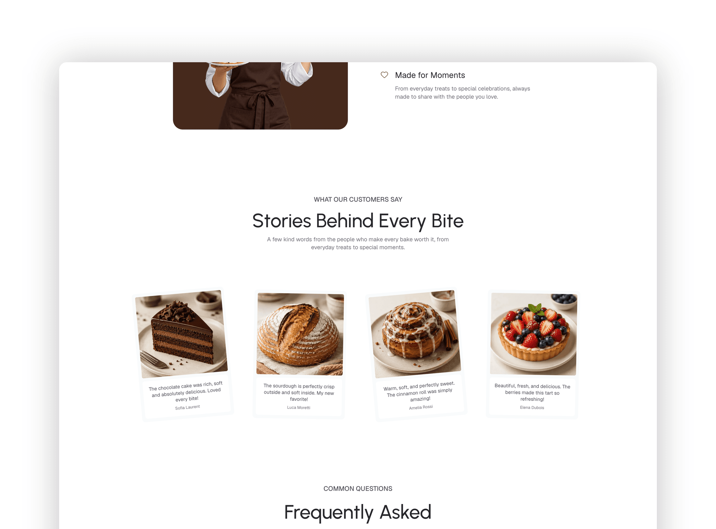 About section featuring an artisan baker portrait and core brand quality highlights