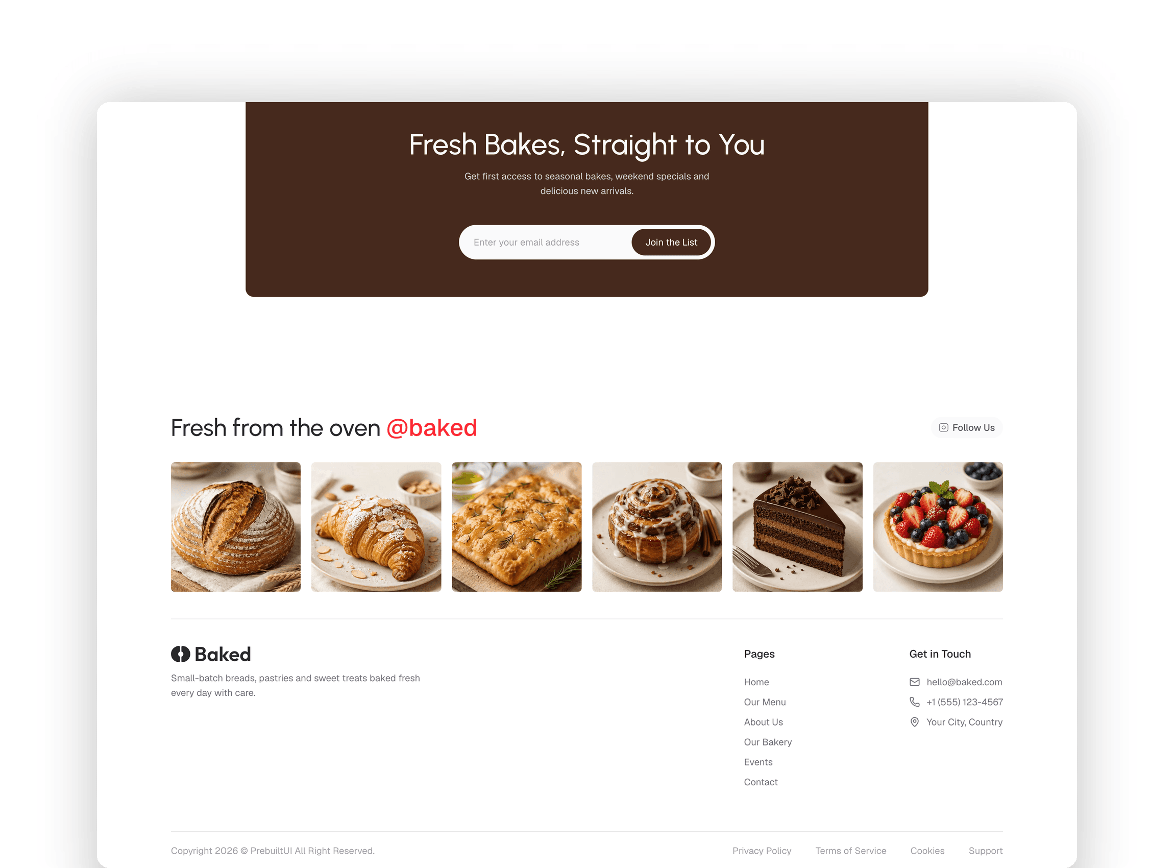 Frequently asked questions accordion with newsletter subscription box and photo gallery footer
