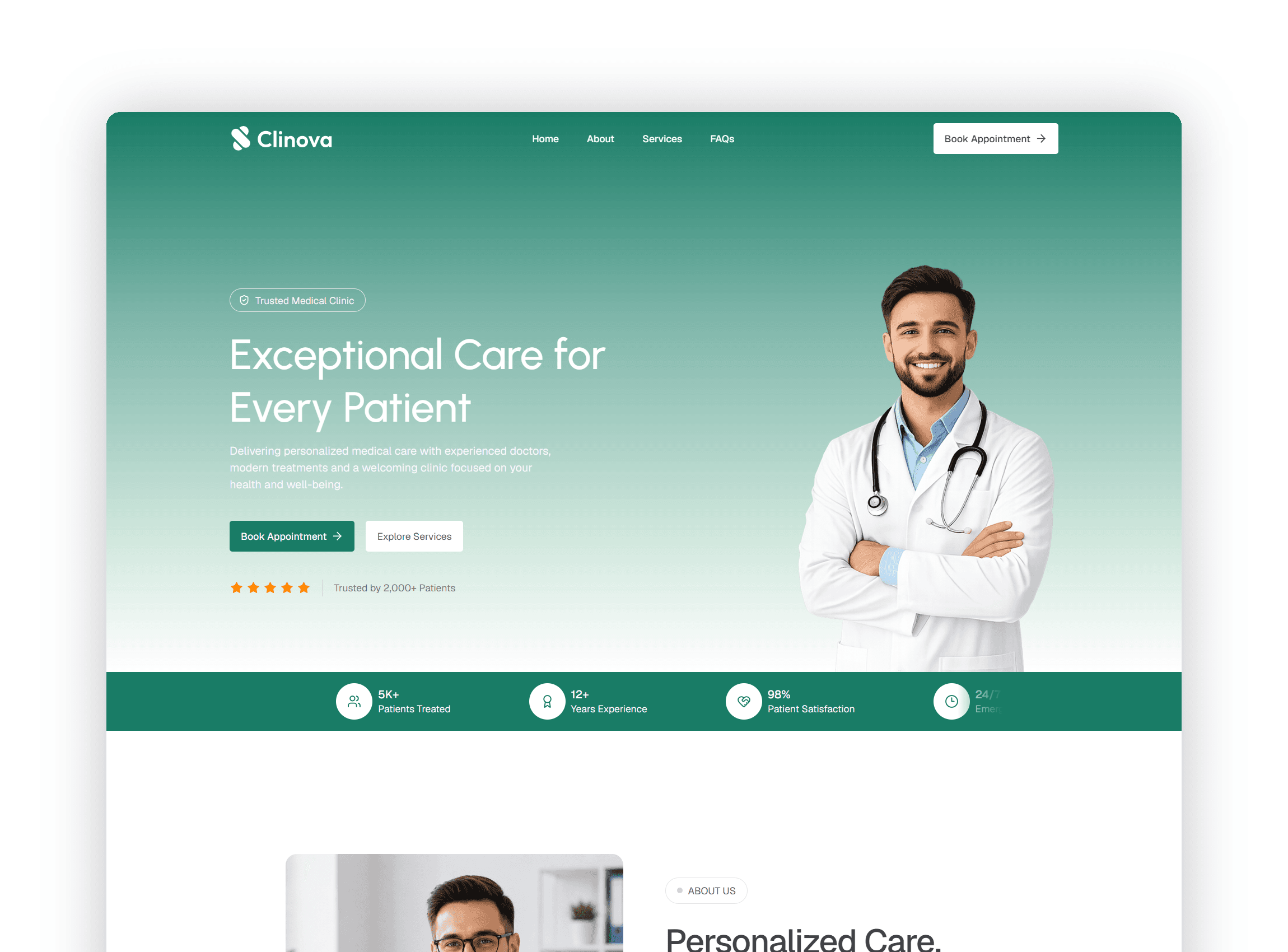 Hero section featuring primary headline call to action buttons patient rating and physician image