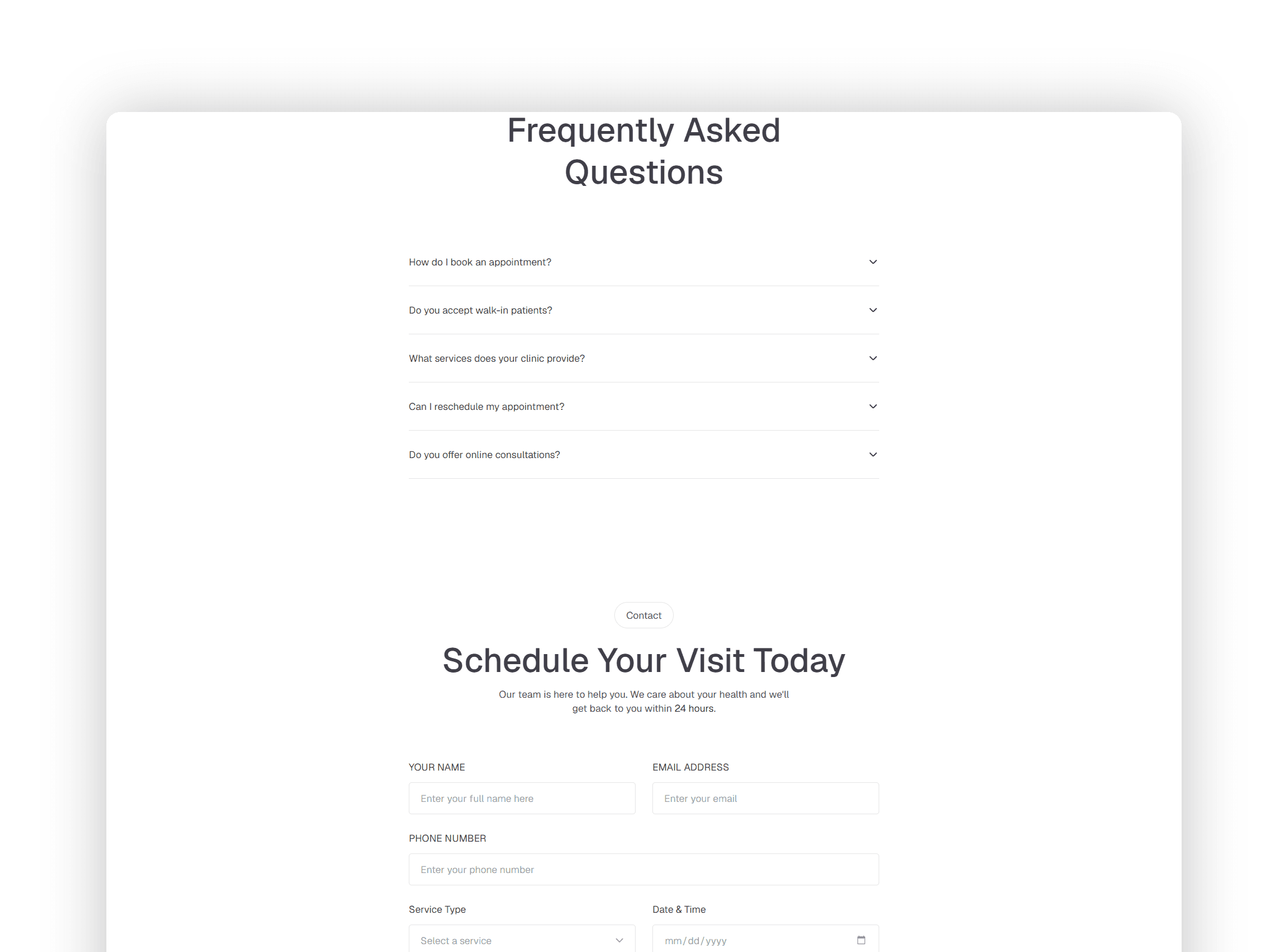 Services grid showcase displaying primary care consultation cardiac evaluation diagnostic tests and vaccinations