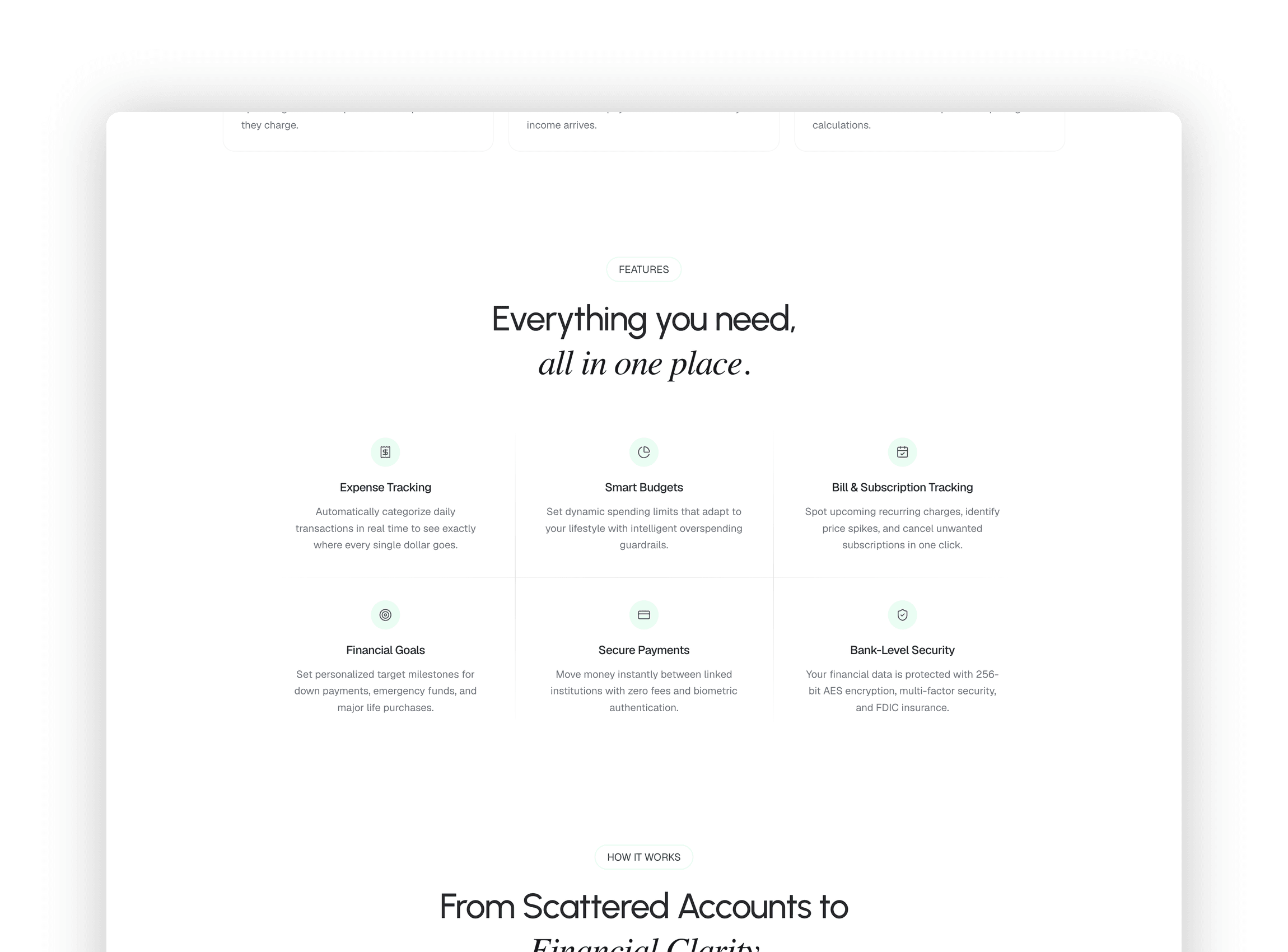 Core features grid showing expense tracking
