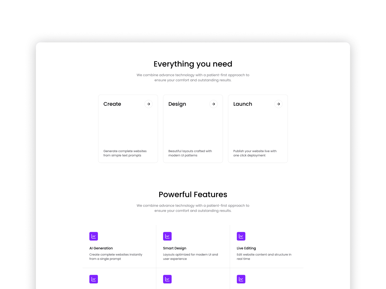 Feature grid showcasing AI generation and smart design capabilities