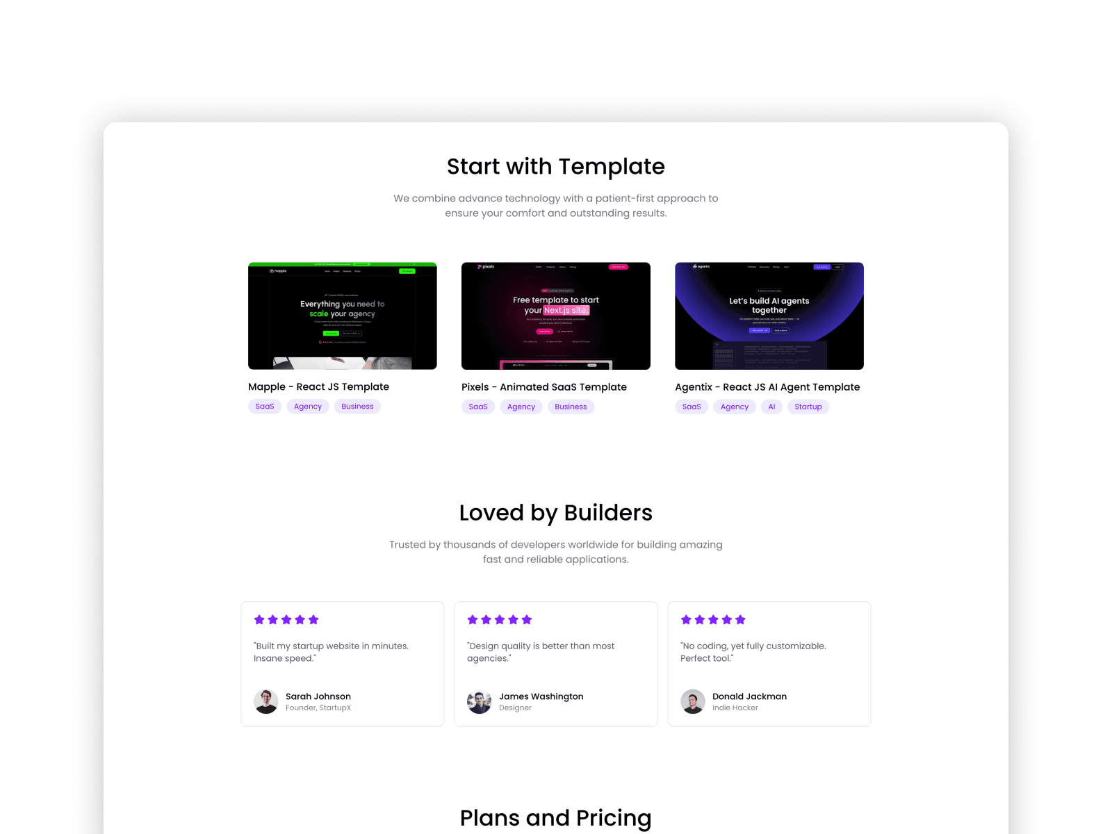 Pricing table and testimonial section with modern dark UI