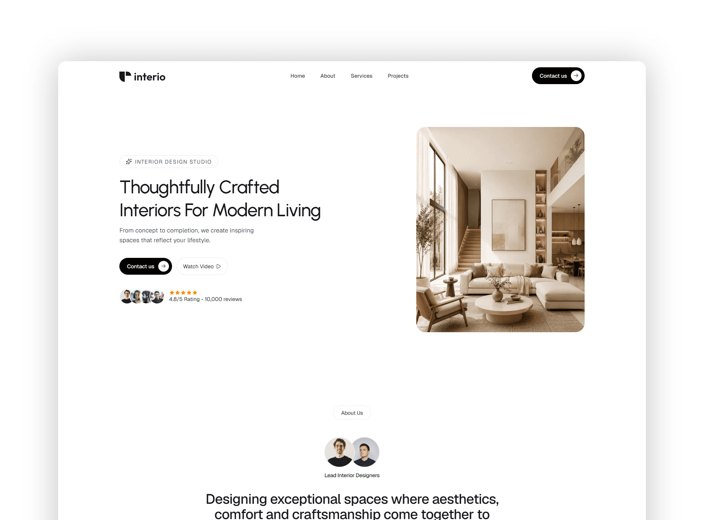 Hero section featuring bold heading, client ratings, video play link and a high resolution showcase image