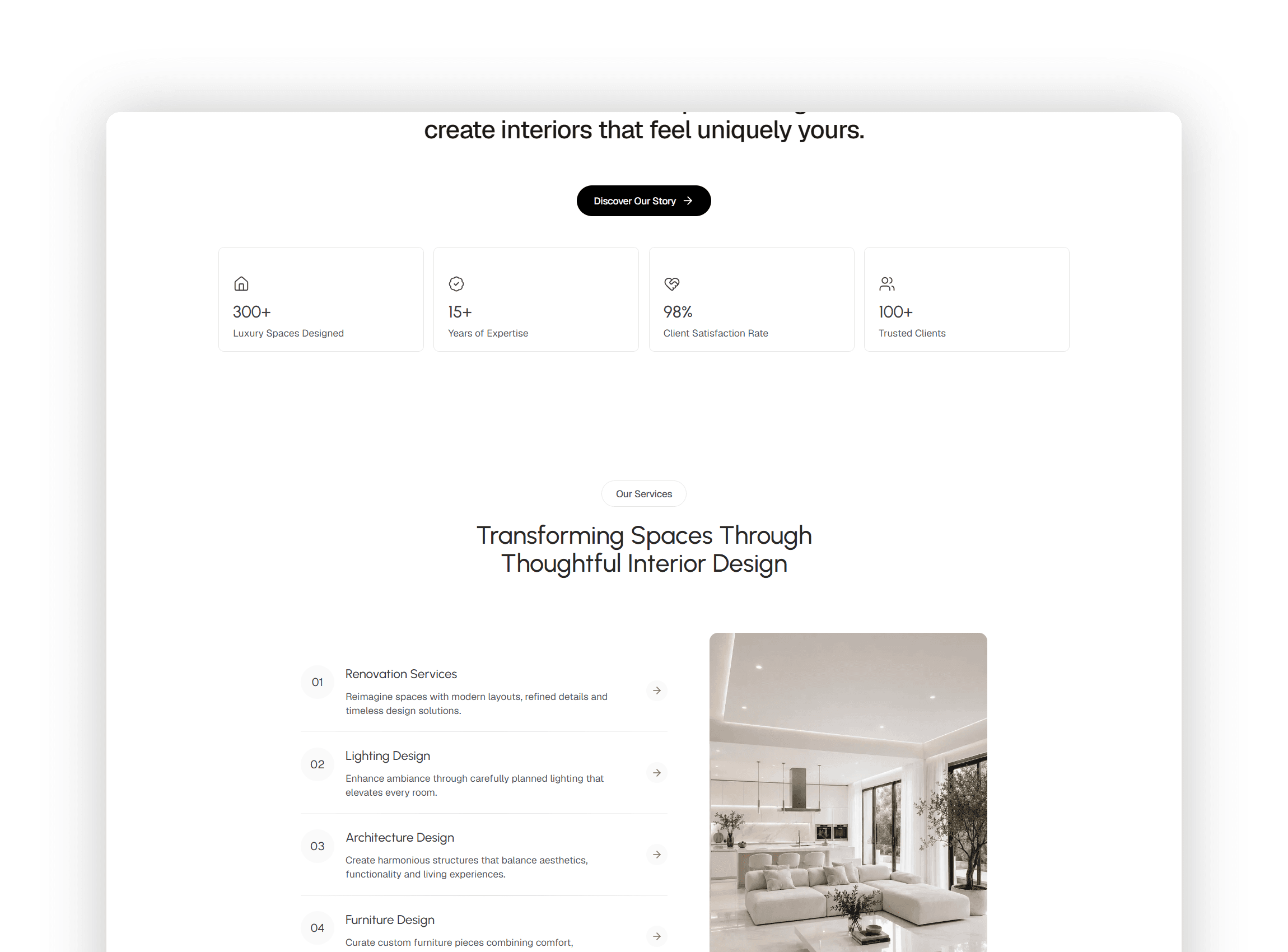 About section showcasing lead designer profiles, short brand story and interactive business performance statistics cards