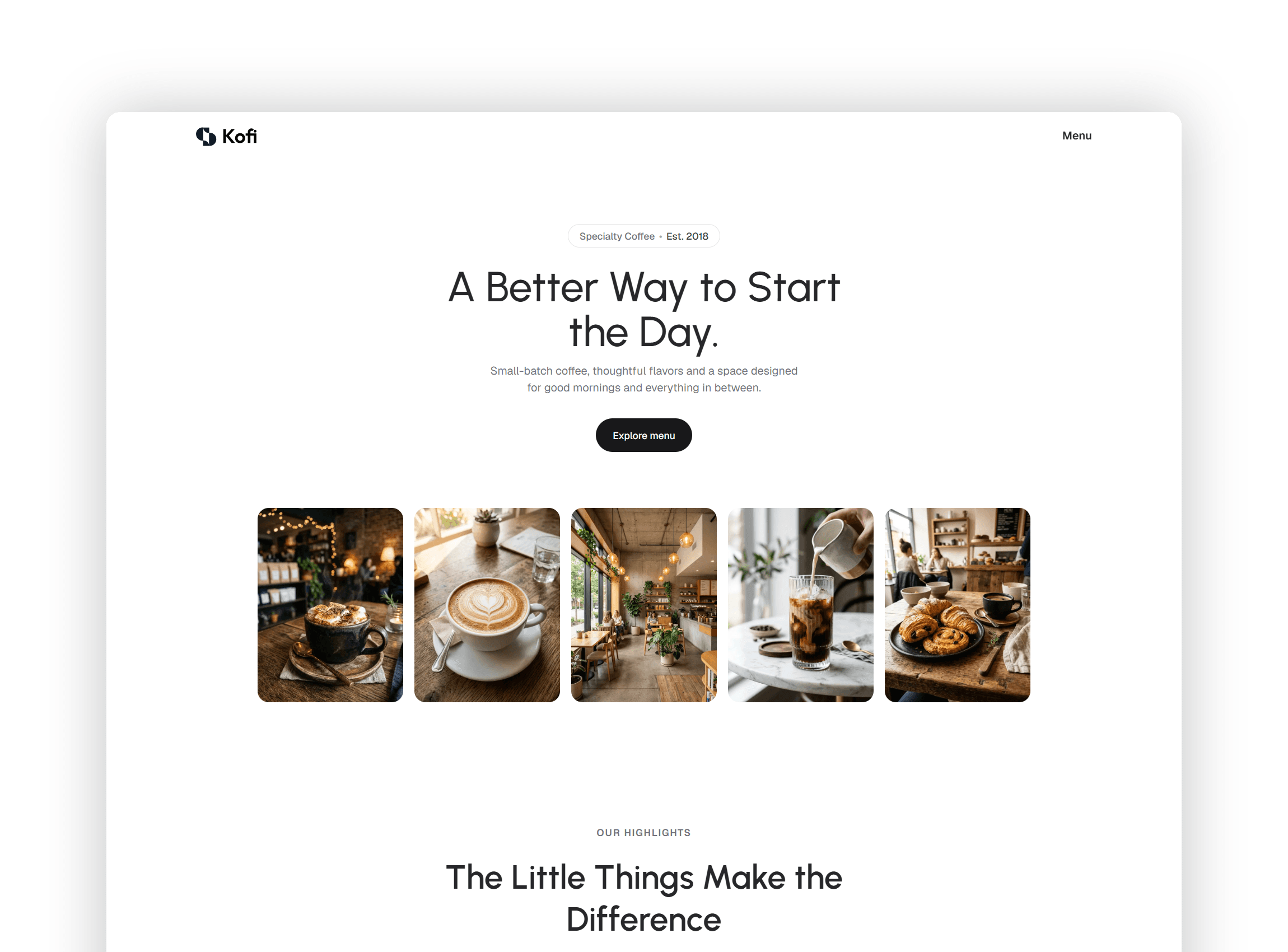 Hero section with specialty coffee badge, headline, action button and horizontal image gallery