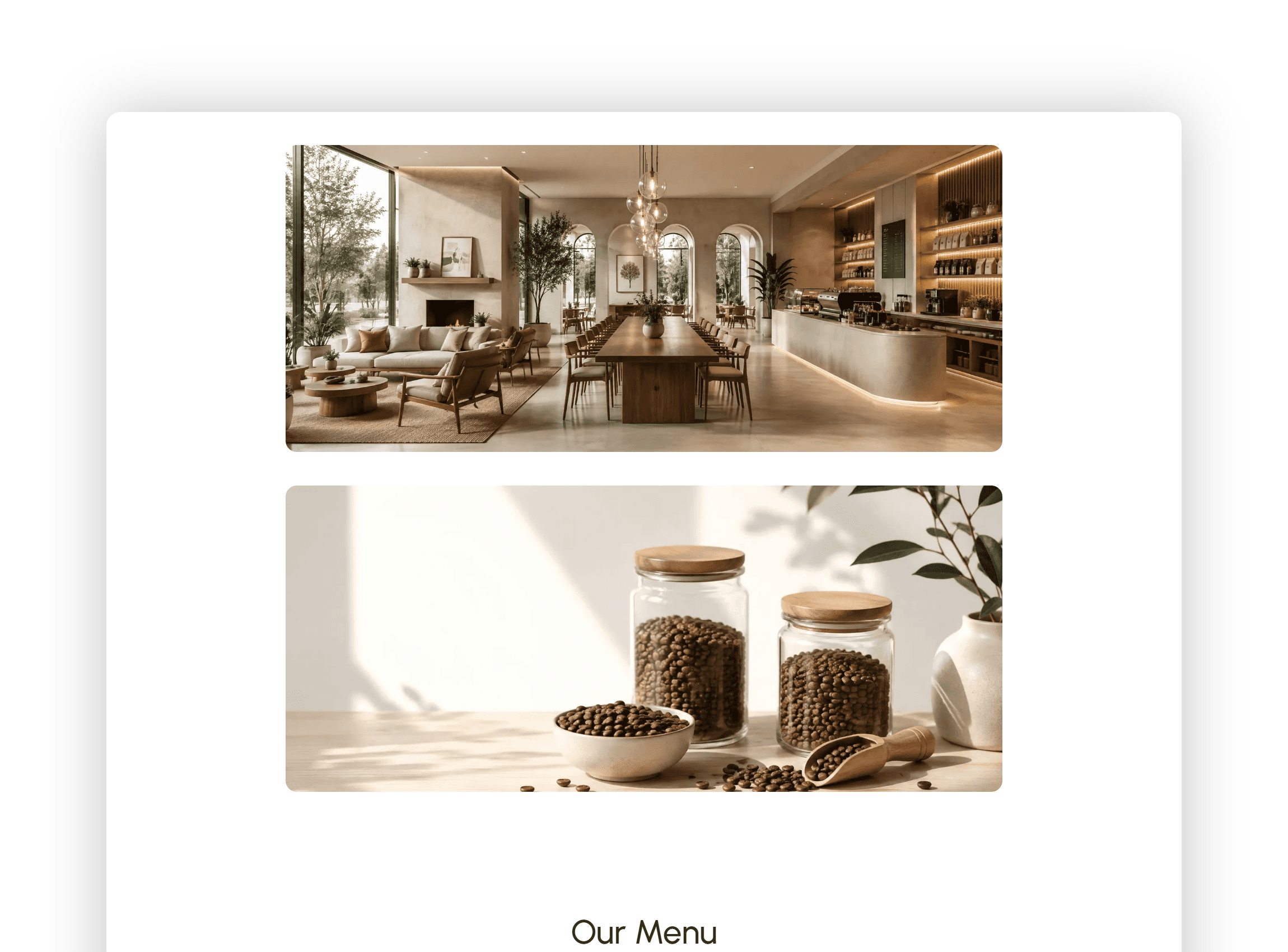 Highlights section presenting sticky stacked visual cards showcasing cafe ambiance and craftsmanship