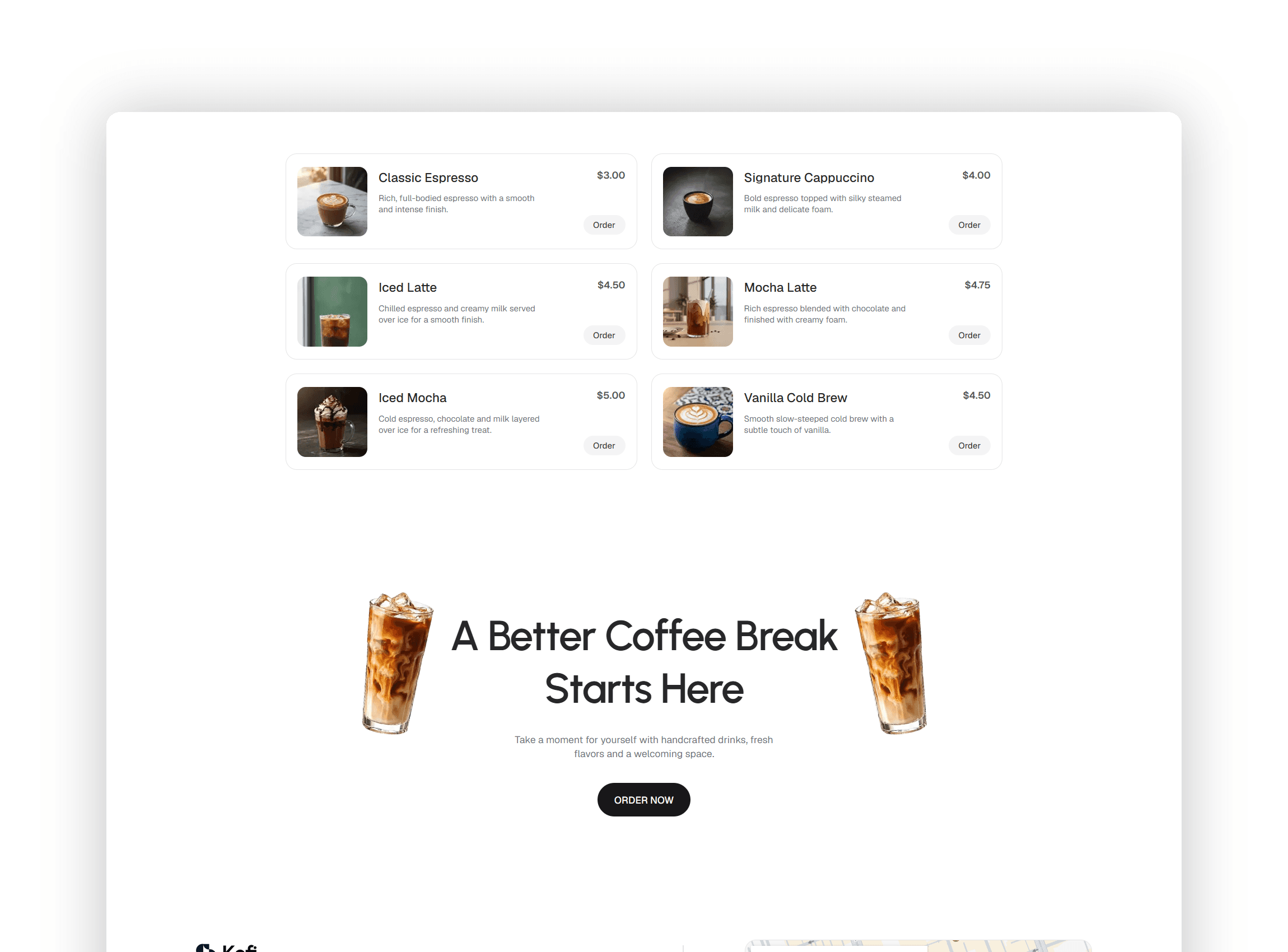 Interactive cafe menu grid displaying specialty espresso drinks with prices and descriptions