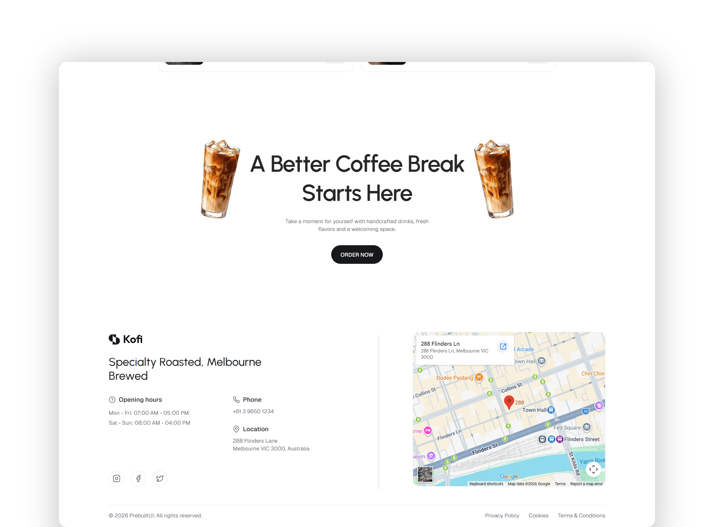 Modern website footer with operating hours, contact information, social links and interactive map