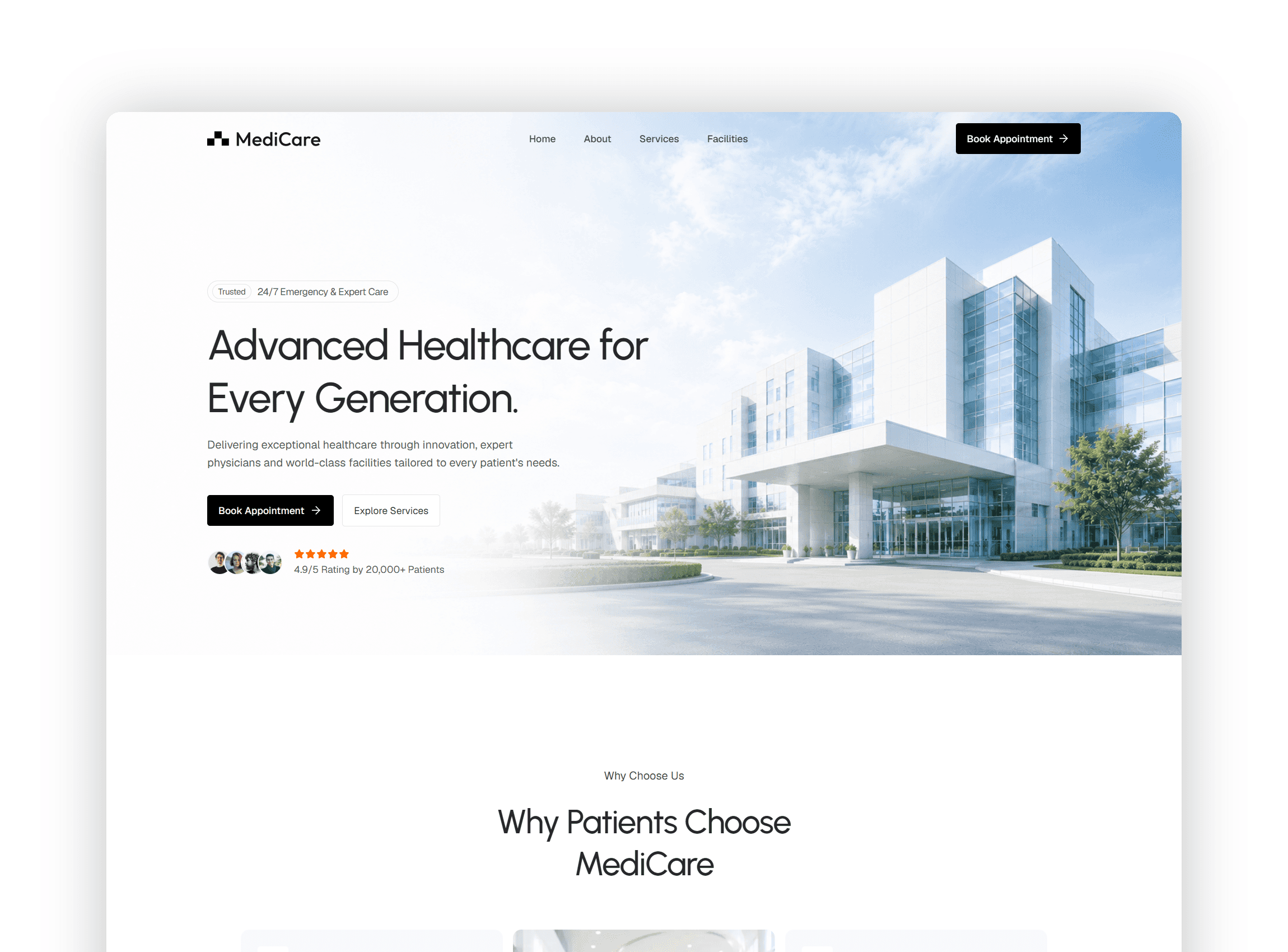 Modern medical clinic hero section with appointment booking
