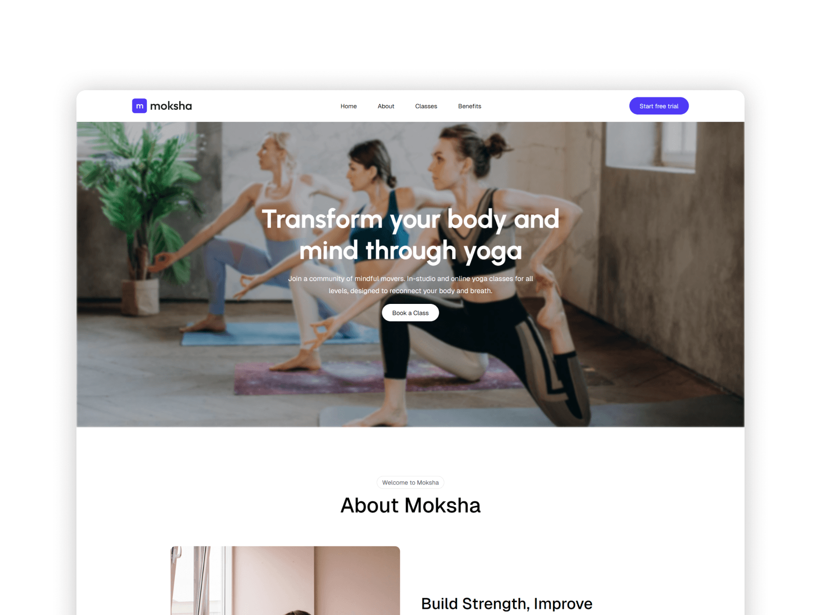 Yoga hero section with serene background and primary booking CTA