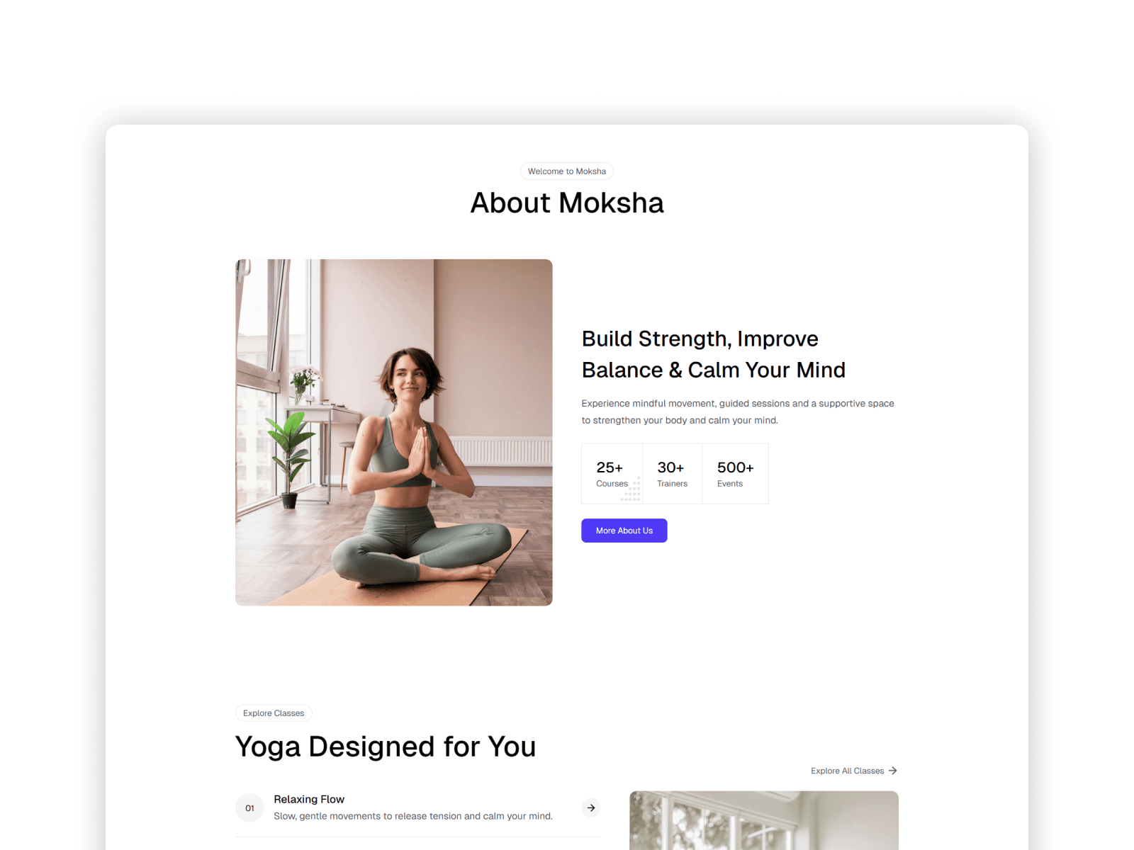 Explore classes section with interactive list and preview image