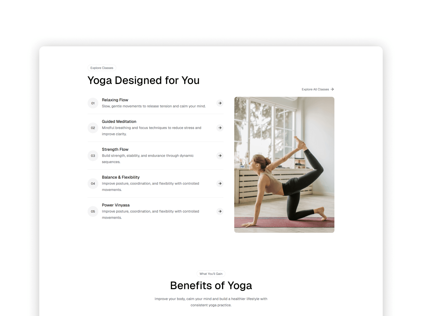 Benefits and About section with clean typography and mindful layout