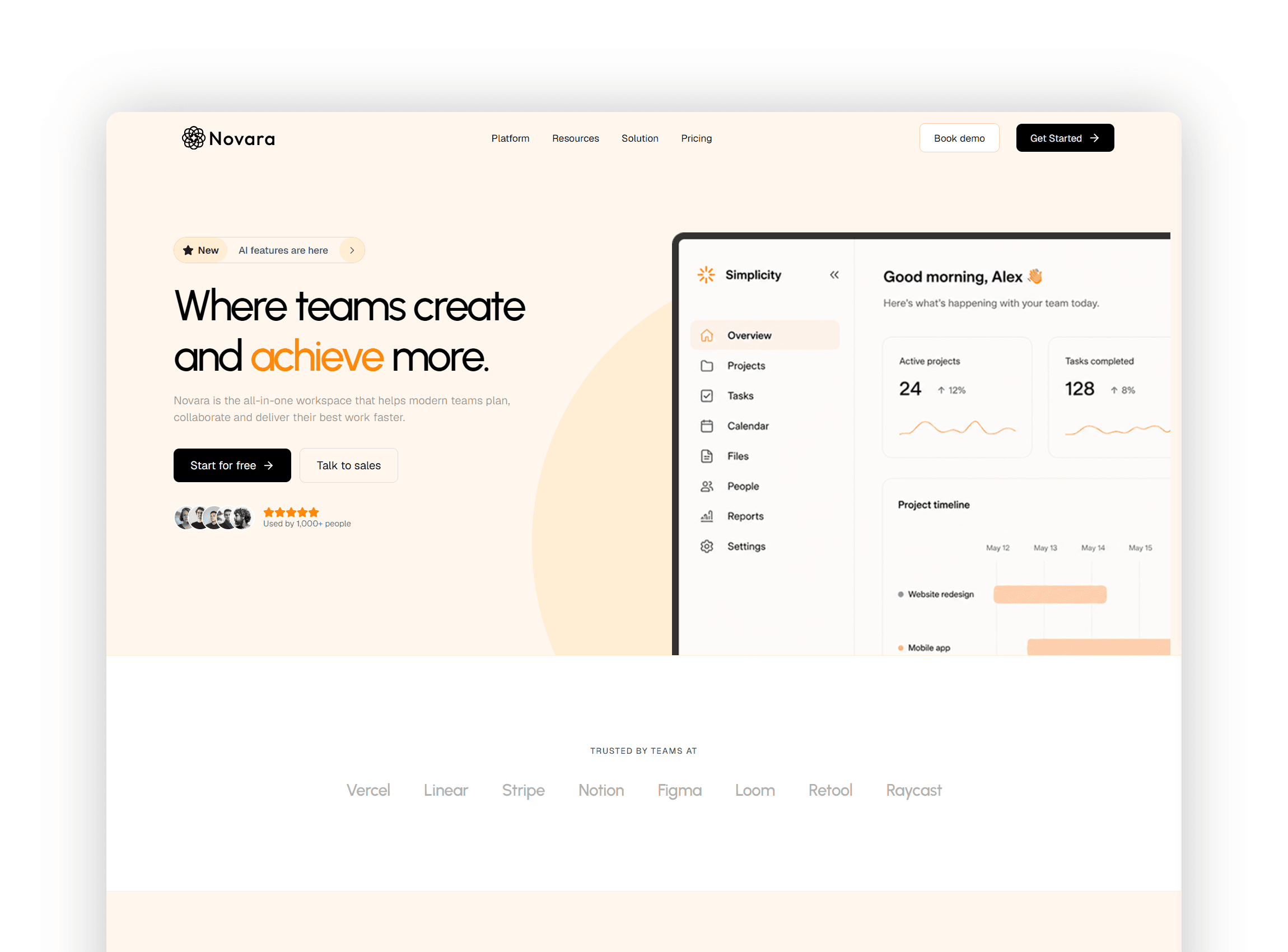 Novara hero section with animated typography and primary CTA