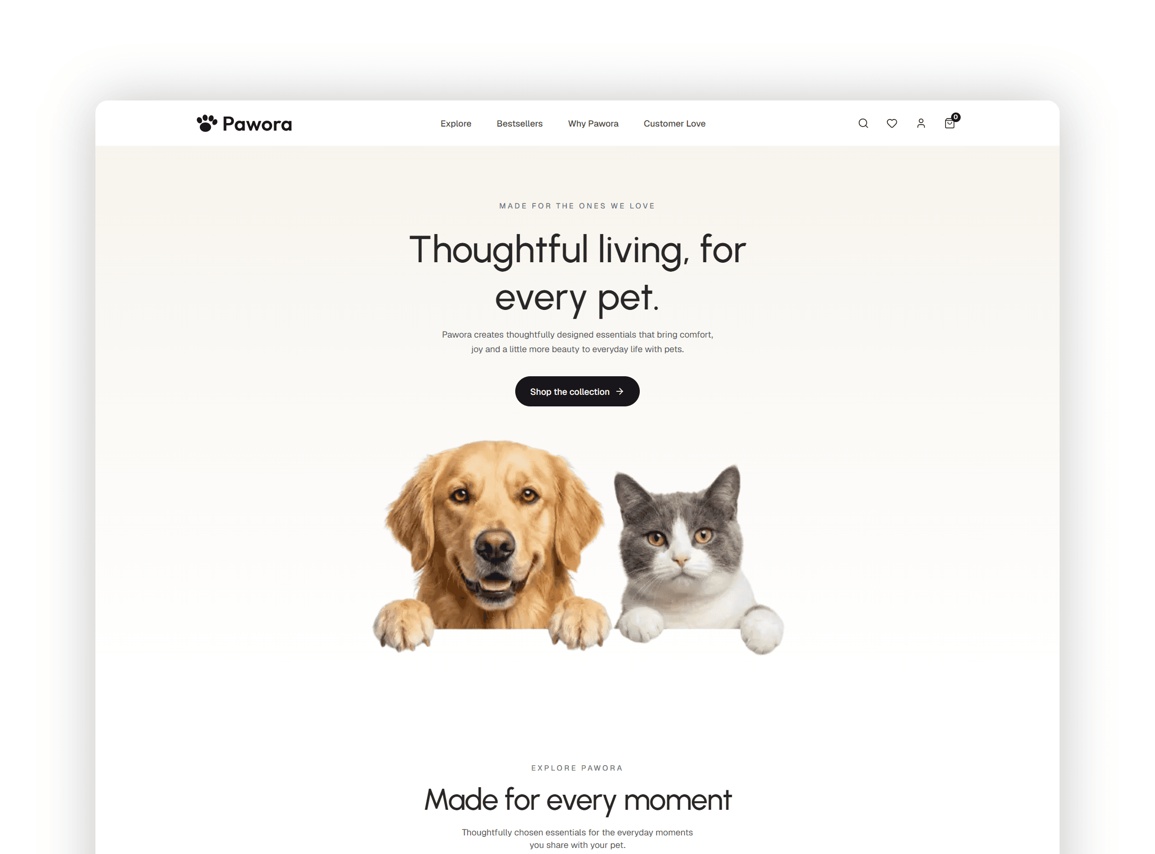 Hero section showcasing modern pet lifestyle products