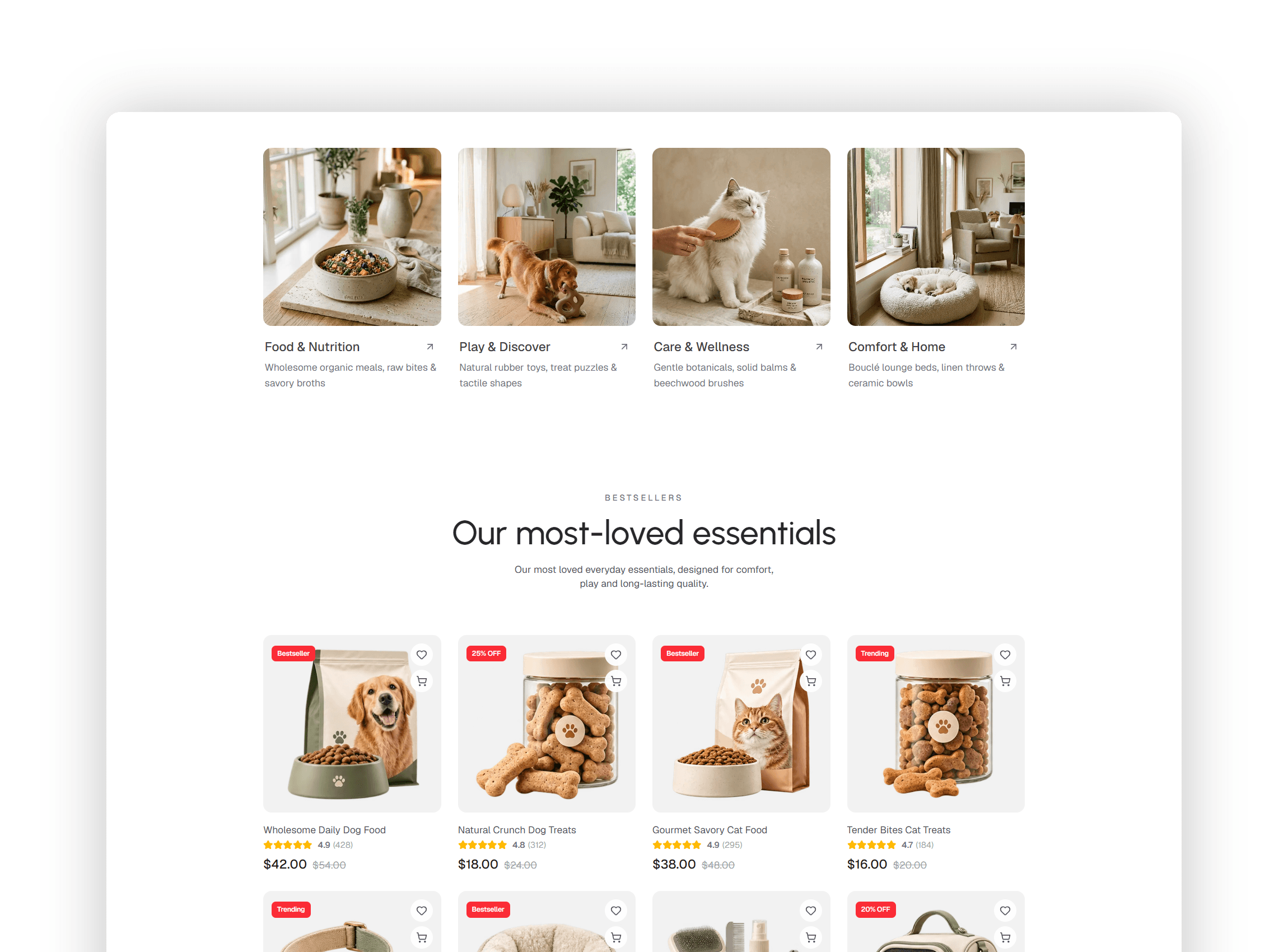 Curated pet product categories exploration grid