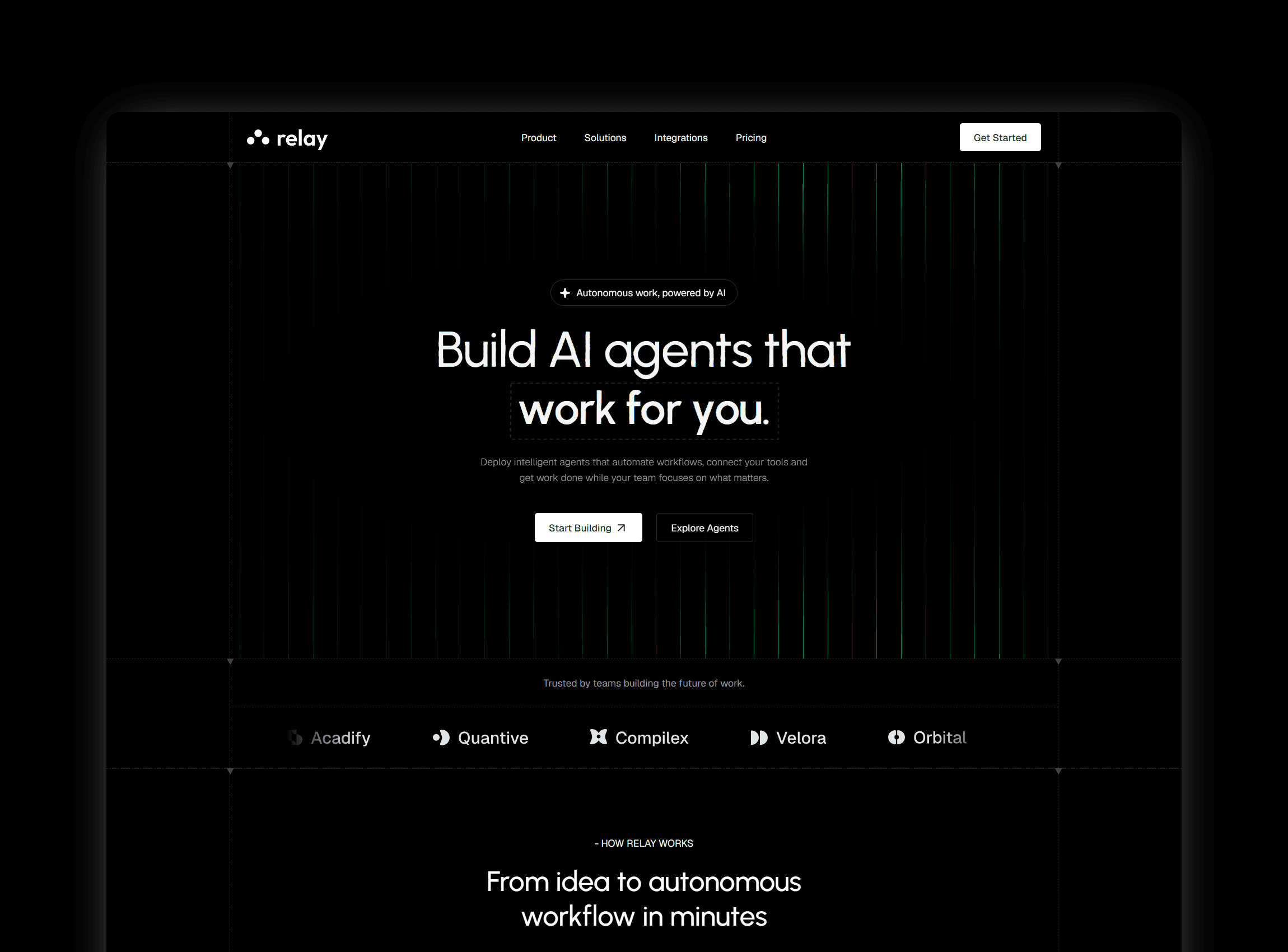 Dark hero section showcasing interactive canvas graphics and call to action buttons
