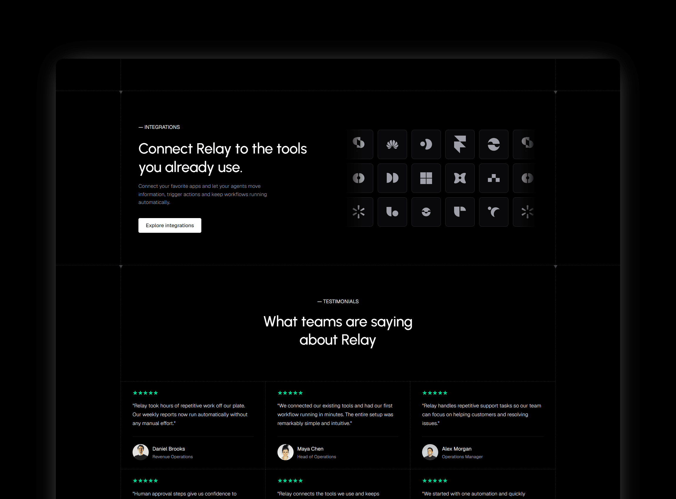 Interactive use case preview tabs displaying automated task workflows with live application screenshots