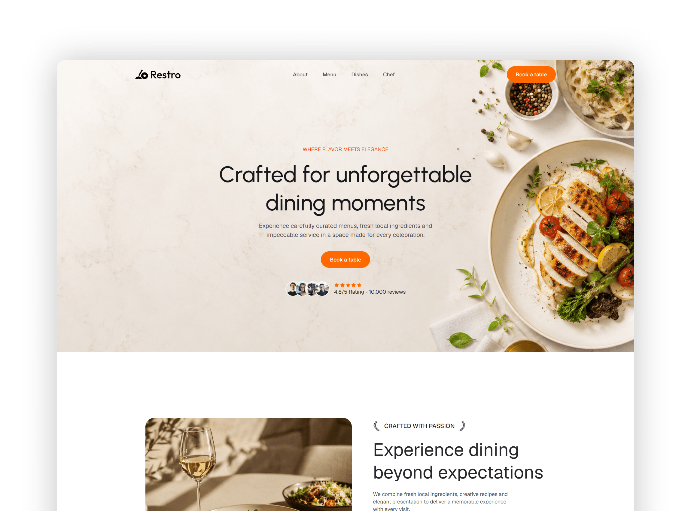Hero section featuring captivating restaurant imagery and main call to action