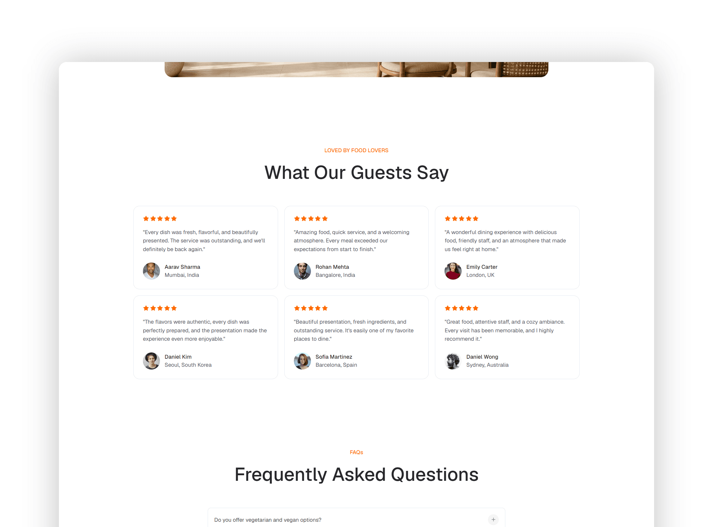 Customer testimonials section providing social proof from satisfied diners