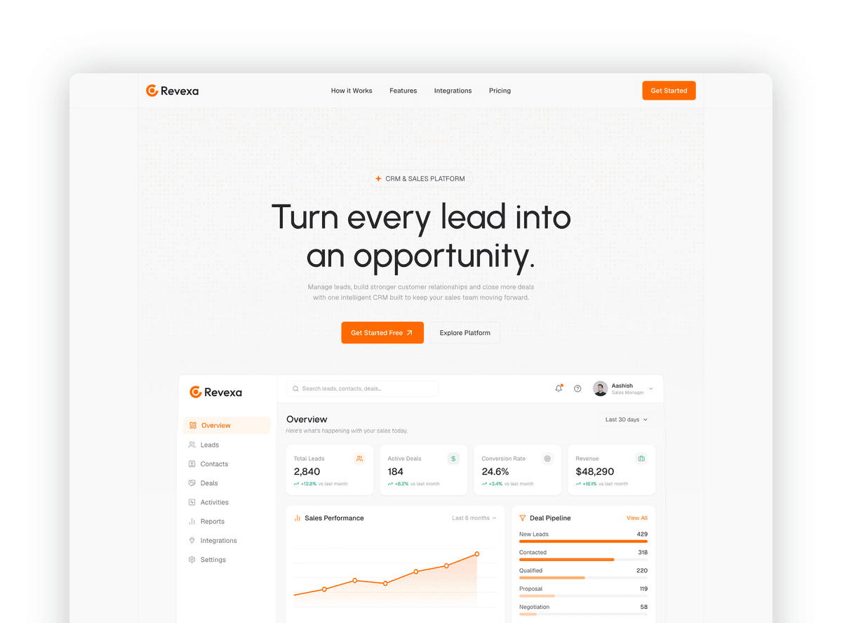 Revexa - React JS CRM and Sales Website Template by PrebuiltUI