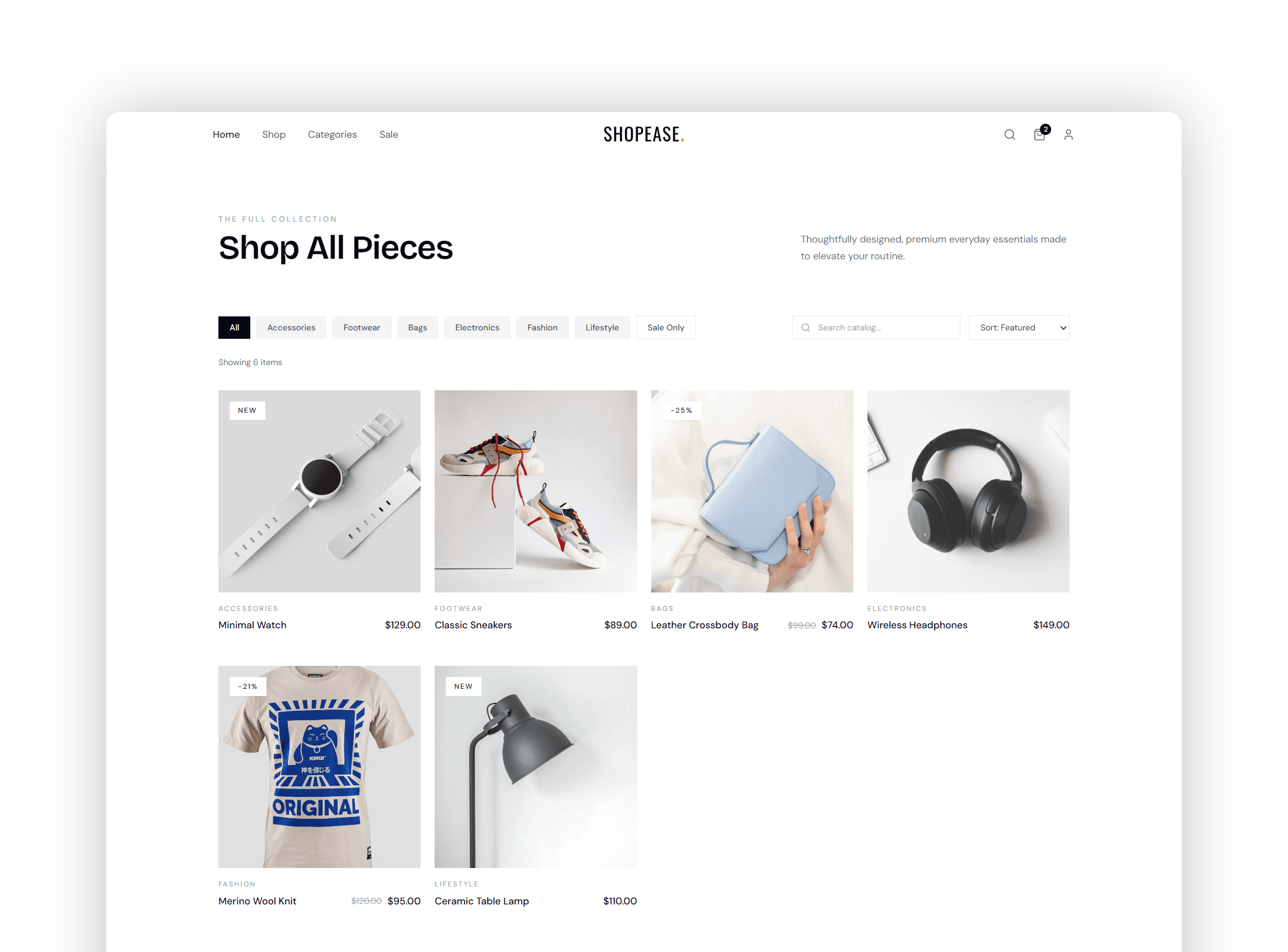 Shop catalog with category filters and search