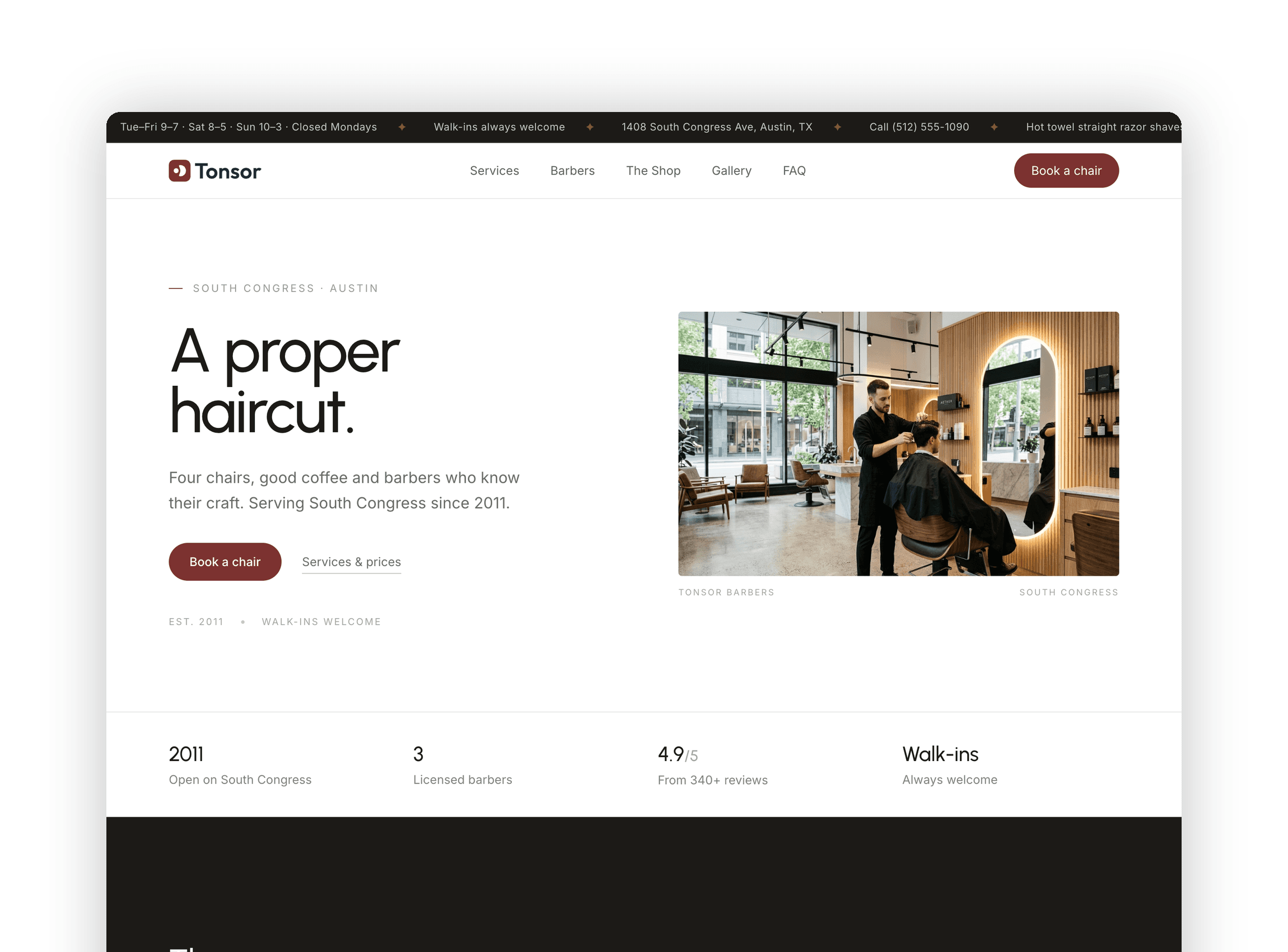 Hero section showcasing vintage barbershop branding with appointment booking action buttons